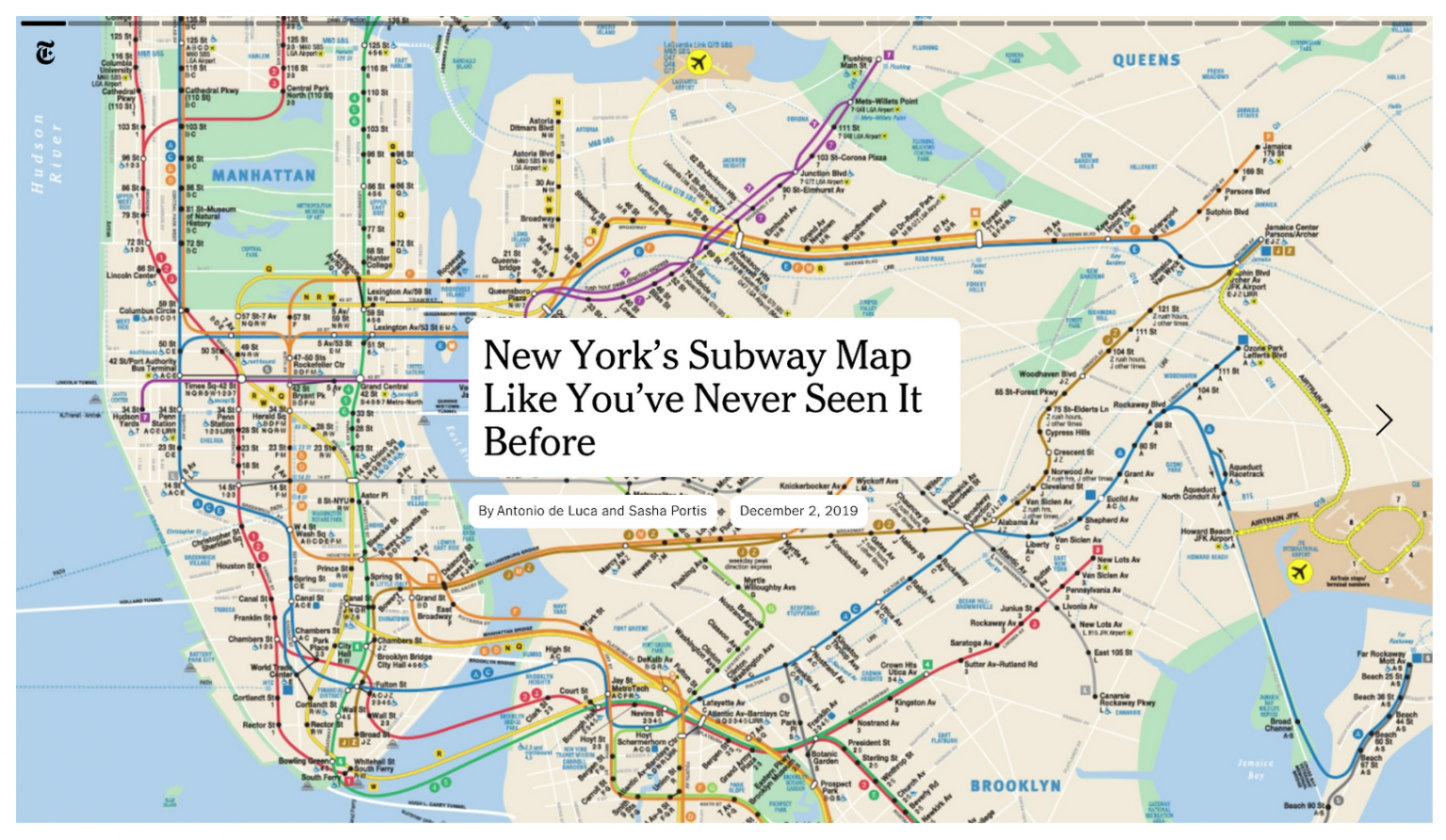 Screenshot from the cover of New York Times story depicting title centered over the NYC subway map
