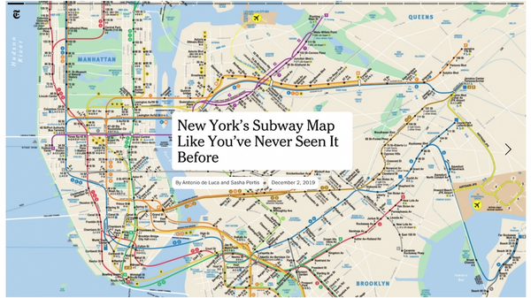 Screenshot from the cover of New York Times story depicting title centered over the NYC subway map