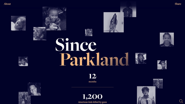 Home page of "Since Parkland" displaying site title and photos of child gun violence victims on a dark background.