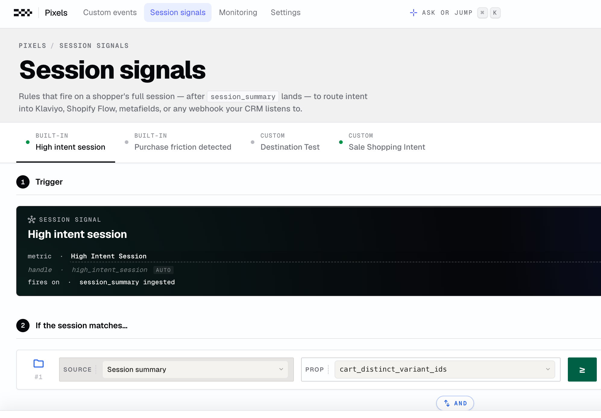 screenshot showing the admin view of session signals