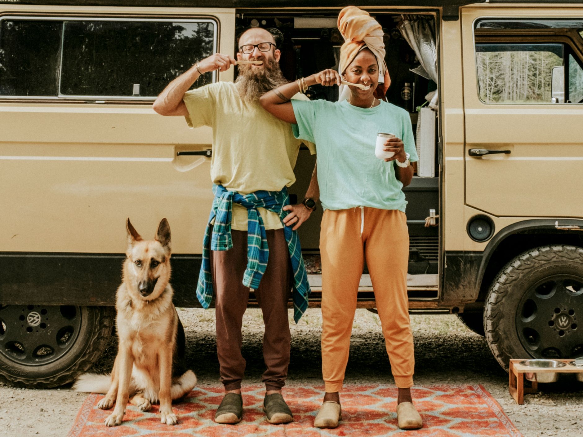 Image of women and man brushing their teeth wearing Keen