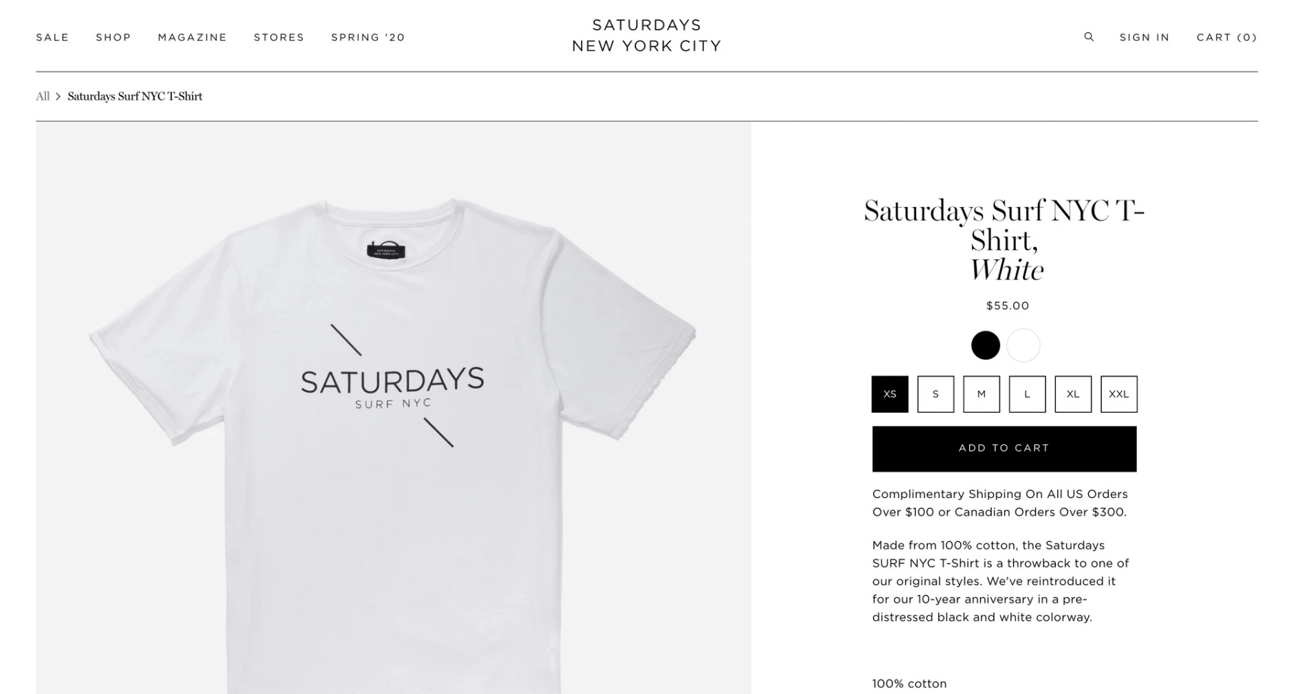 Desktop screenshot of Saturday's NYC's product page for a t-shirt