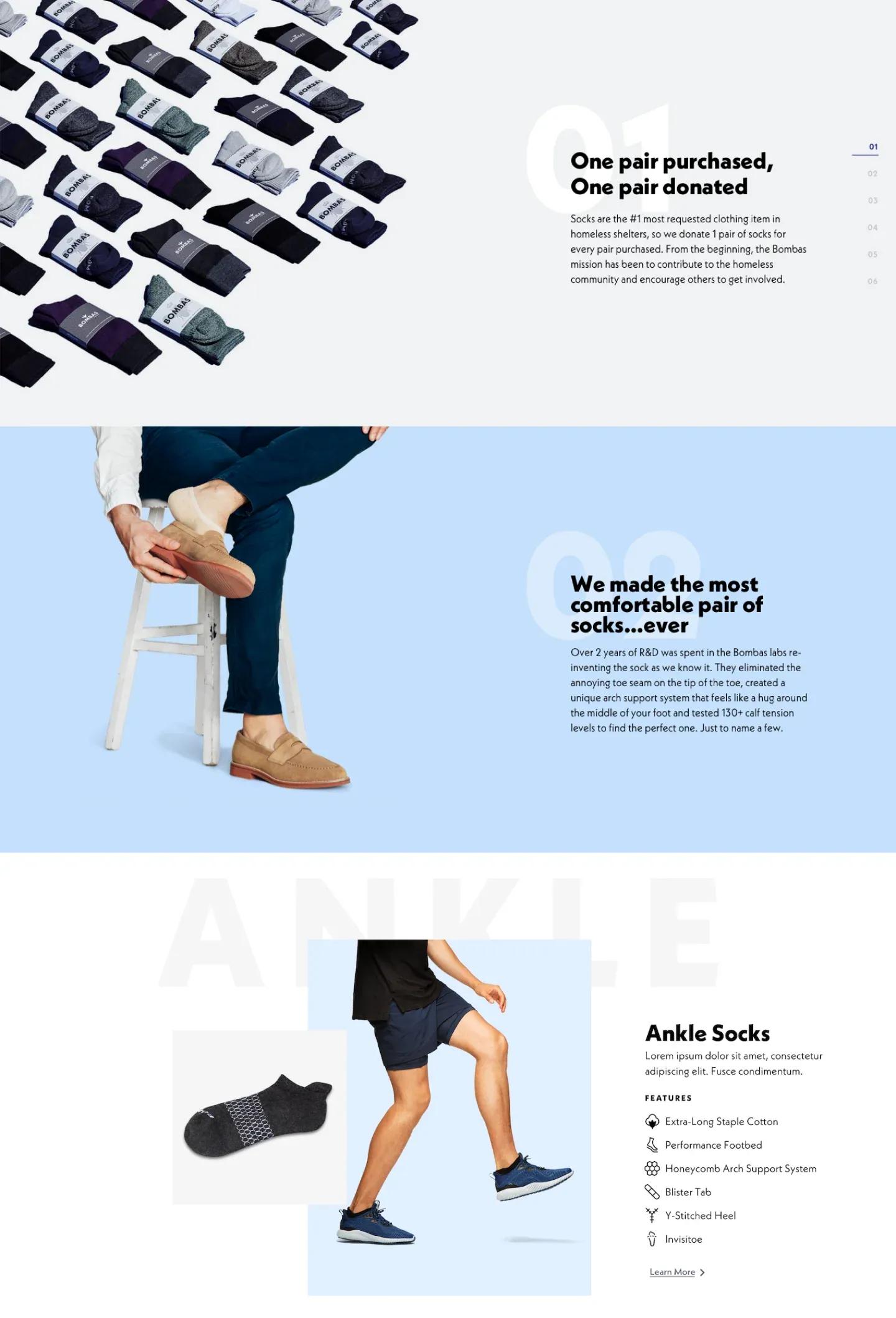 Desktop screenshot of product detail sections on Bombas' site