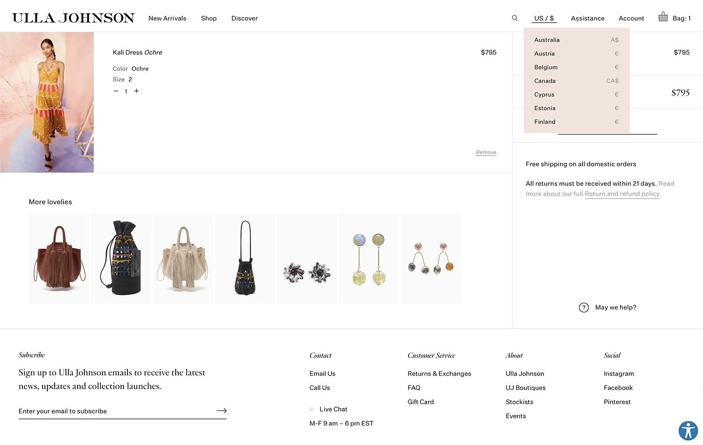 Desktop screenshot of Ulla Johnson's region selector