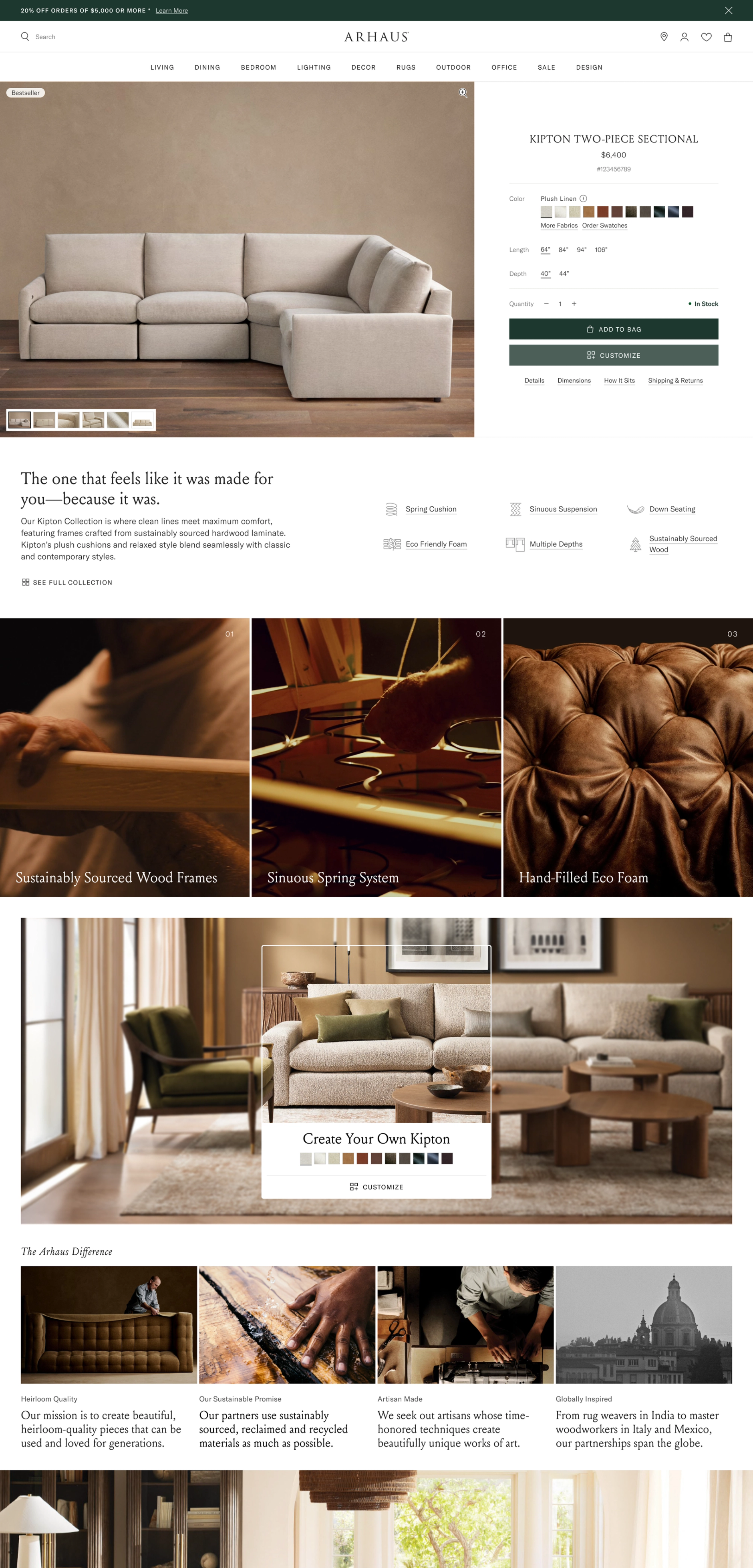 Desktop screenshot of Arhaus' PDP