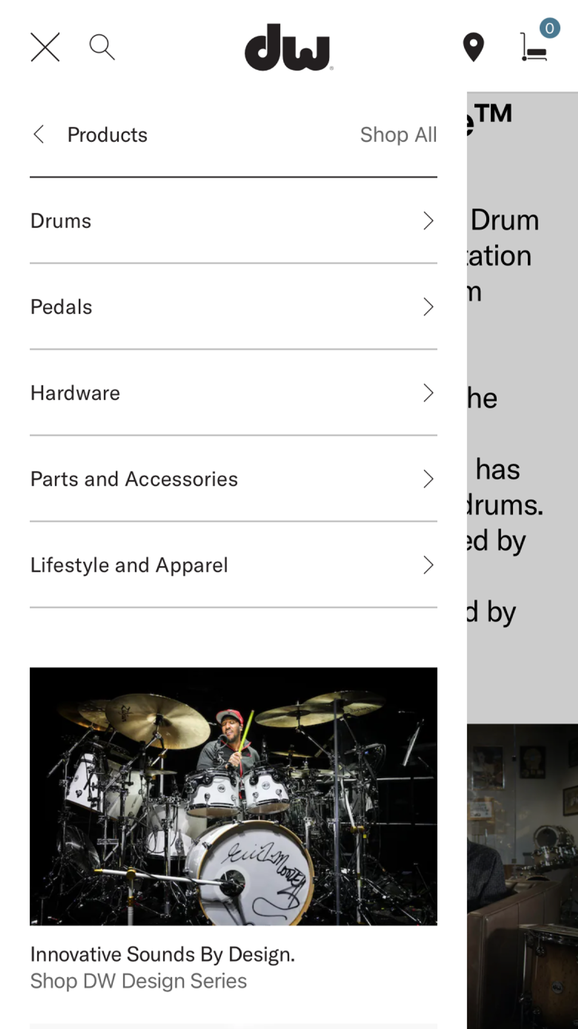 Mobile screenshot of DW Drums menu