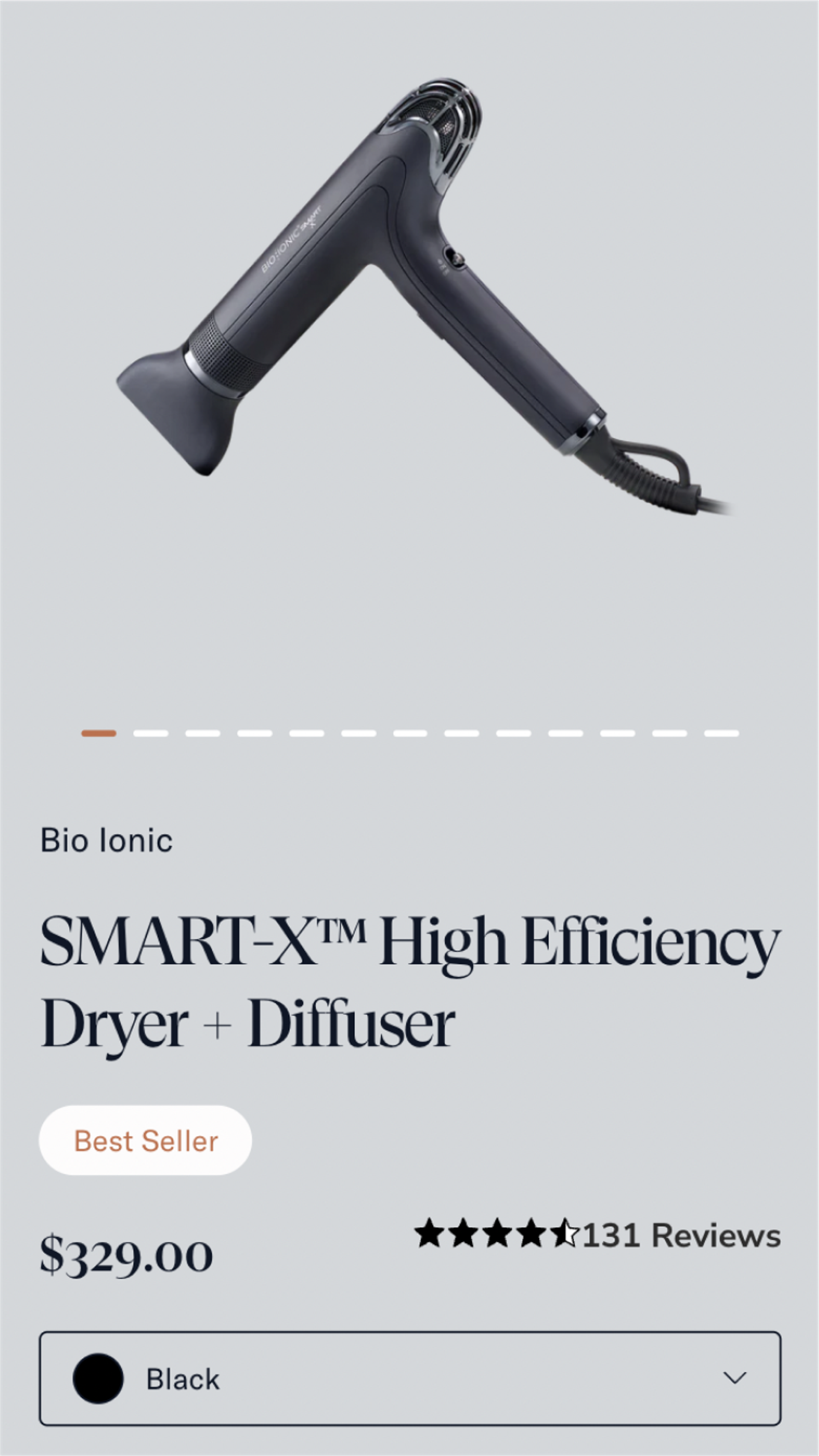 Mobile screenshot of BioIonic's site, showing a product detail page