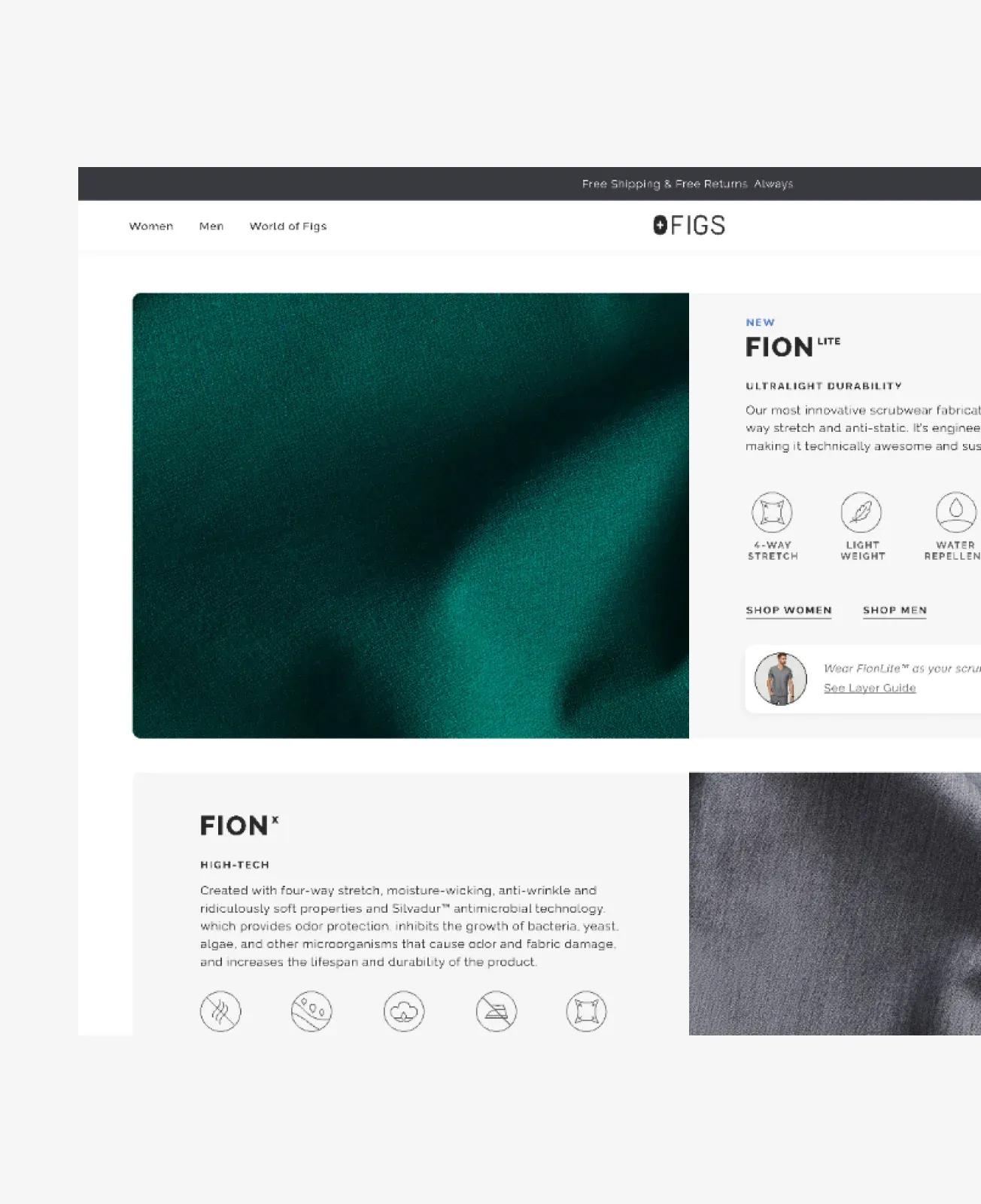 Screenshot from FIGS site, showing material details