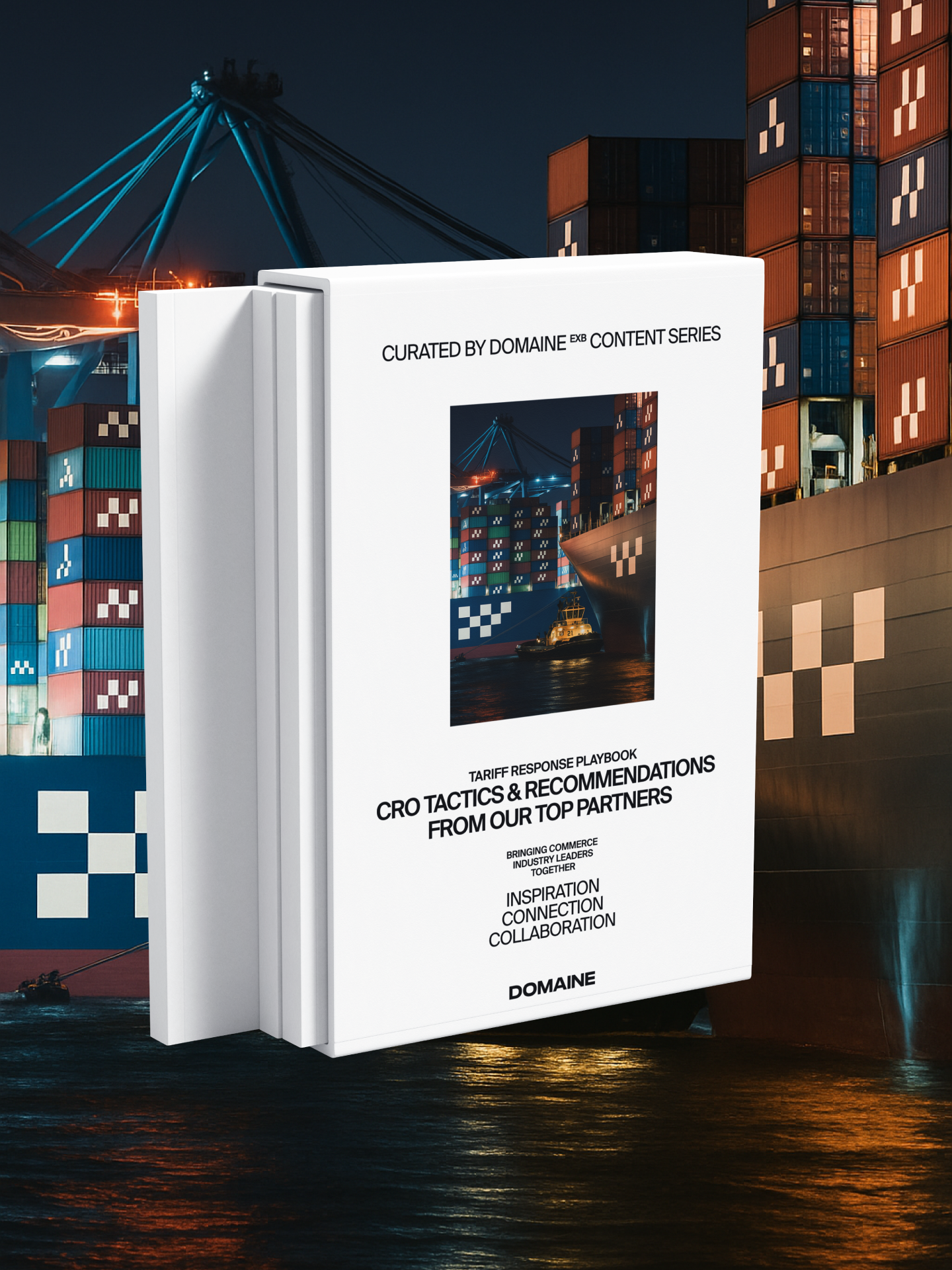 Cover of tariff partner playbook on background of shipping boats