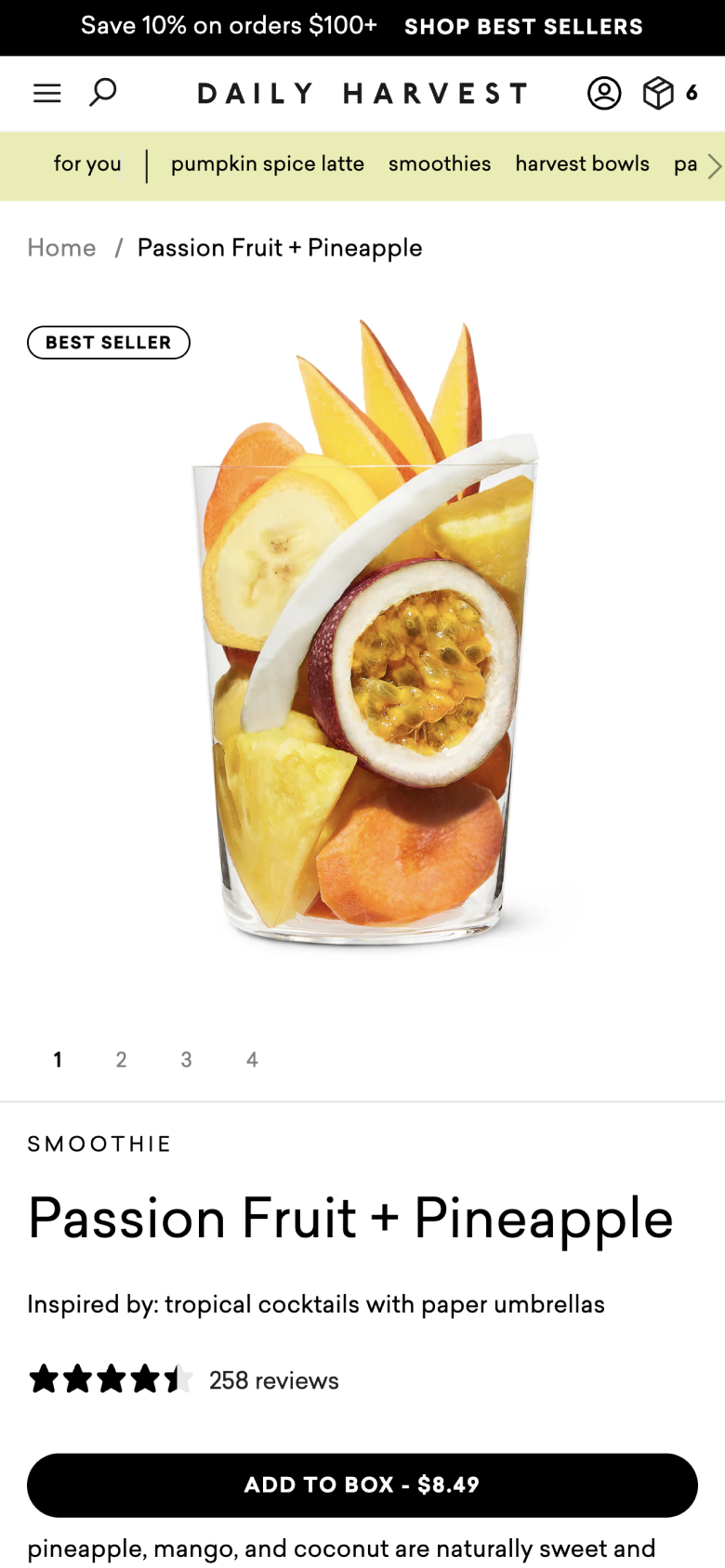 Mobile PDP of Daily Harvest passion fruit + pineapple smoothie