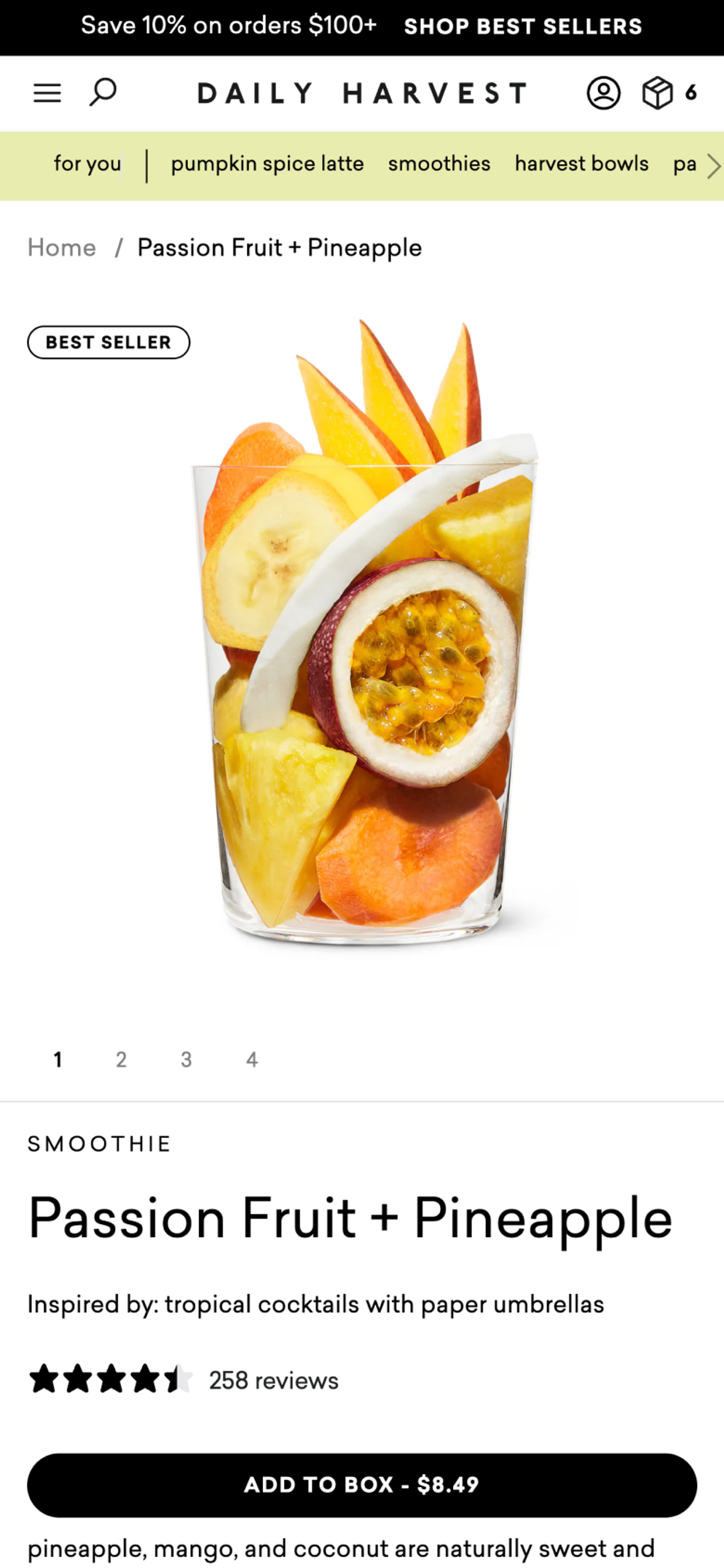 Mobile PDP of Daily Harvest passion fruit + pineapple smoothie