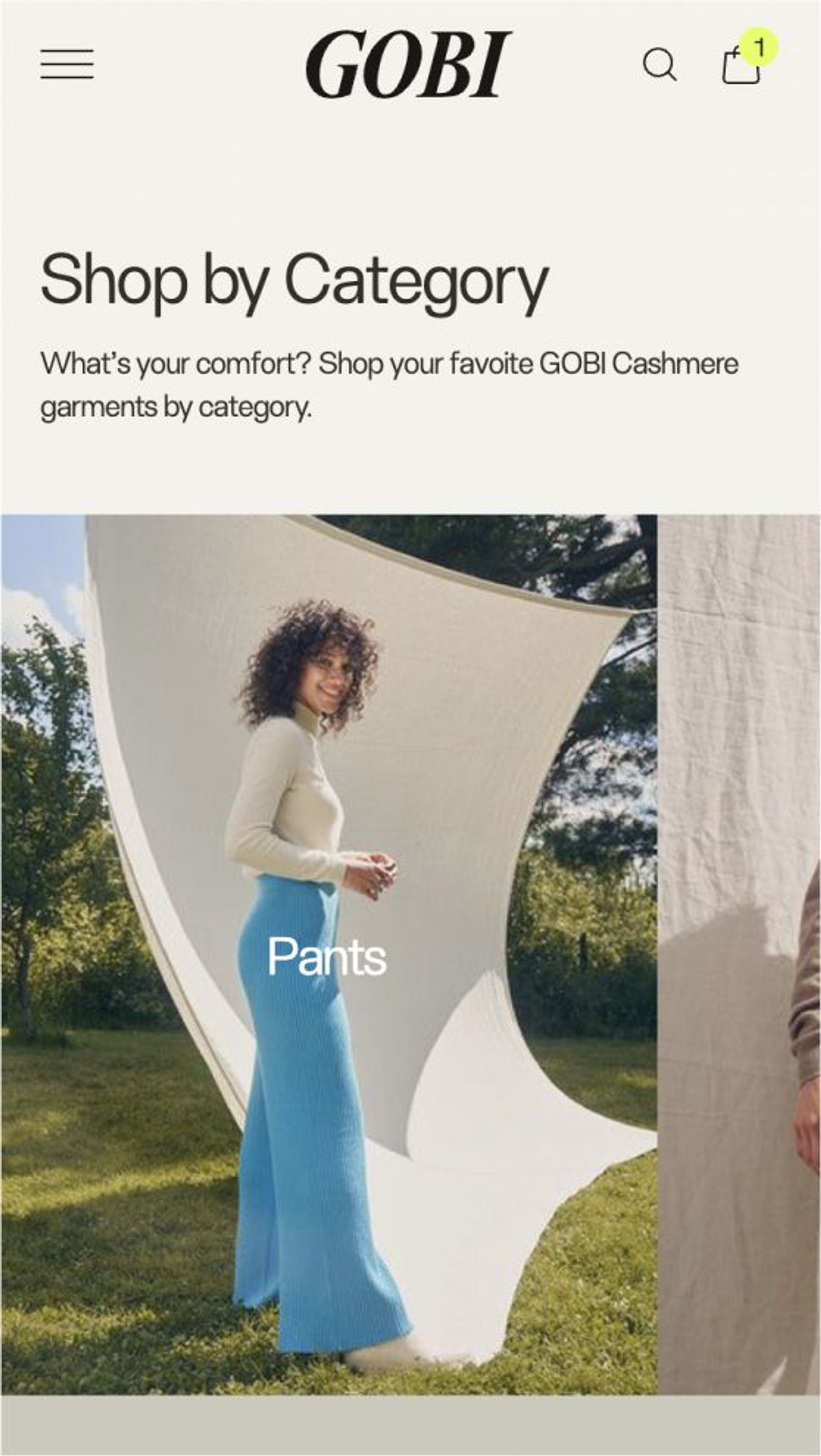 Mobile Shop by Category section on Gobi's website