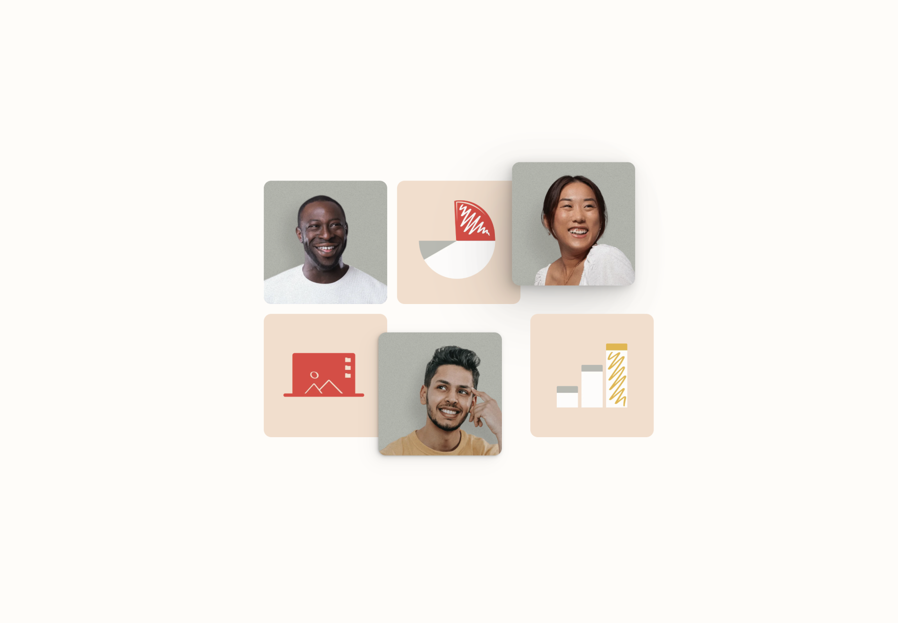 Graphic with a mix of images of people and graphs and charts