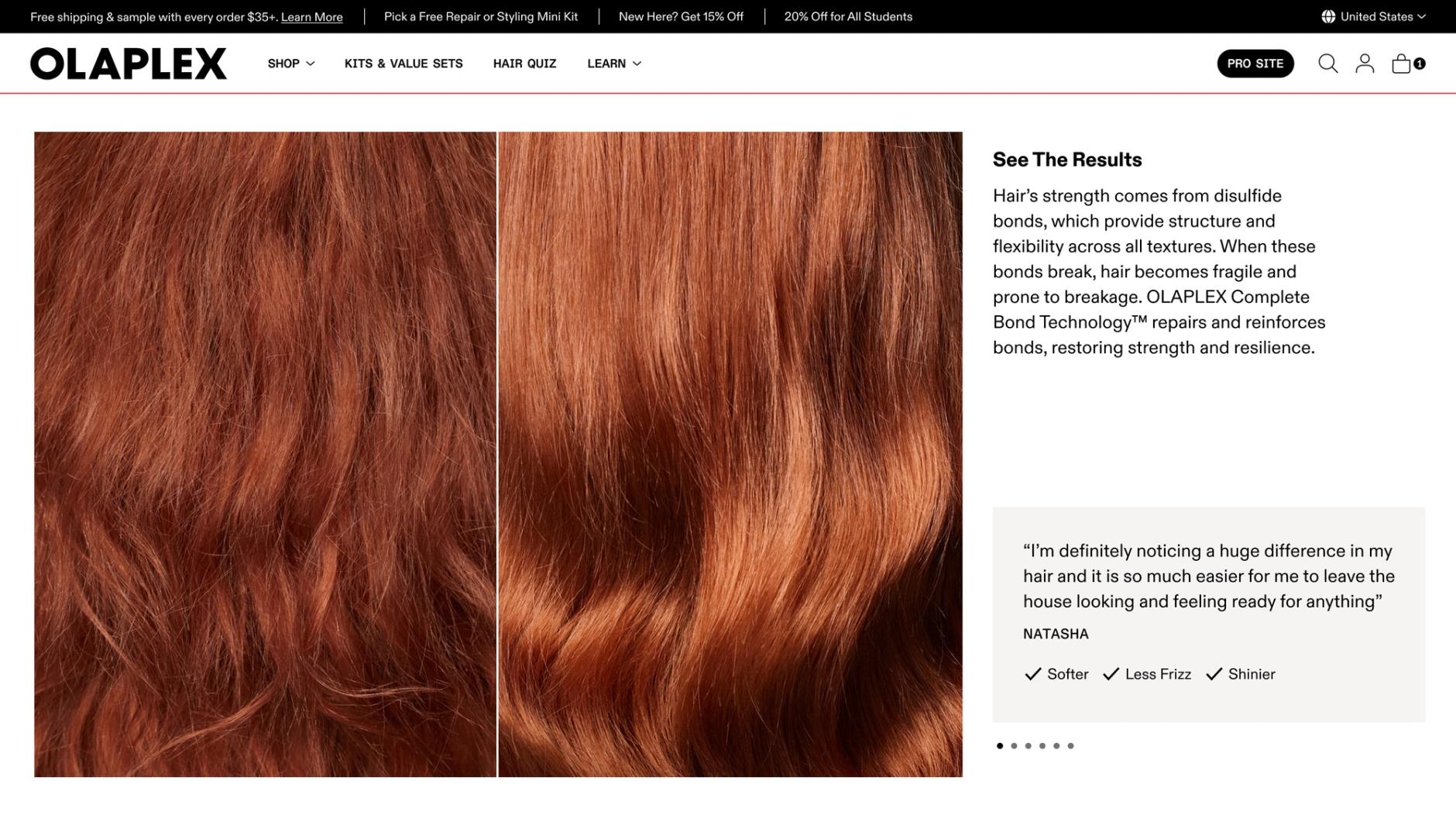 Screenshot of Olaplex Desktop Site Hair Health Section