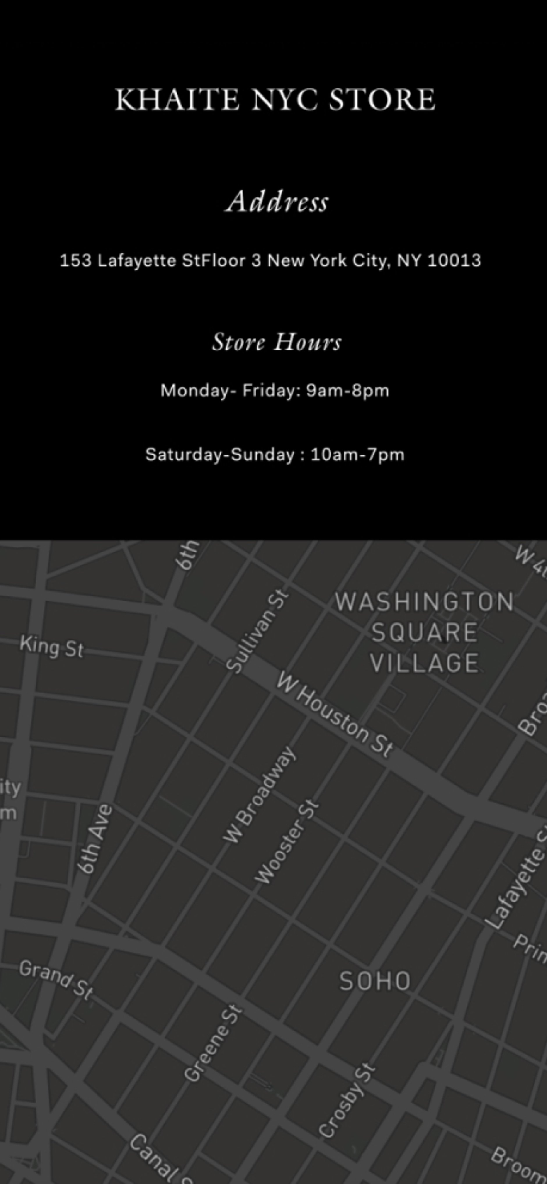 Mobile screen of map showing Khaite NYC store