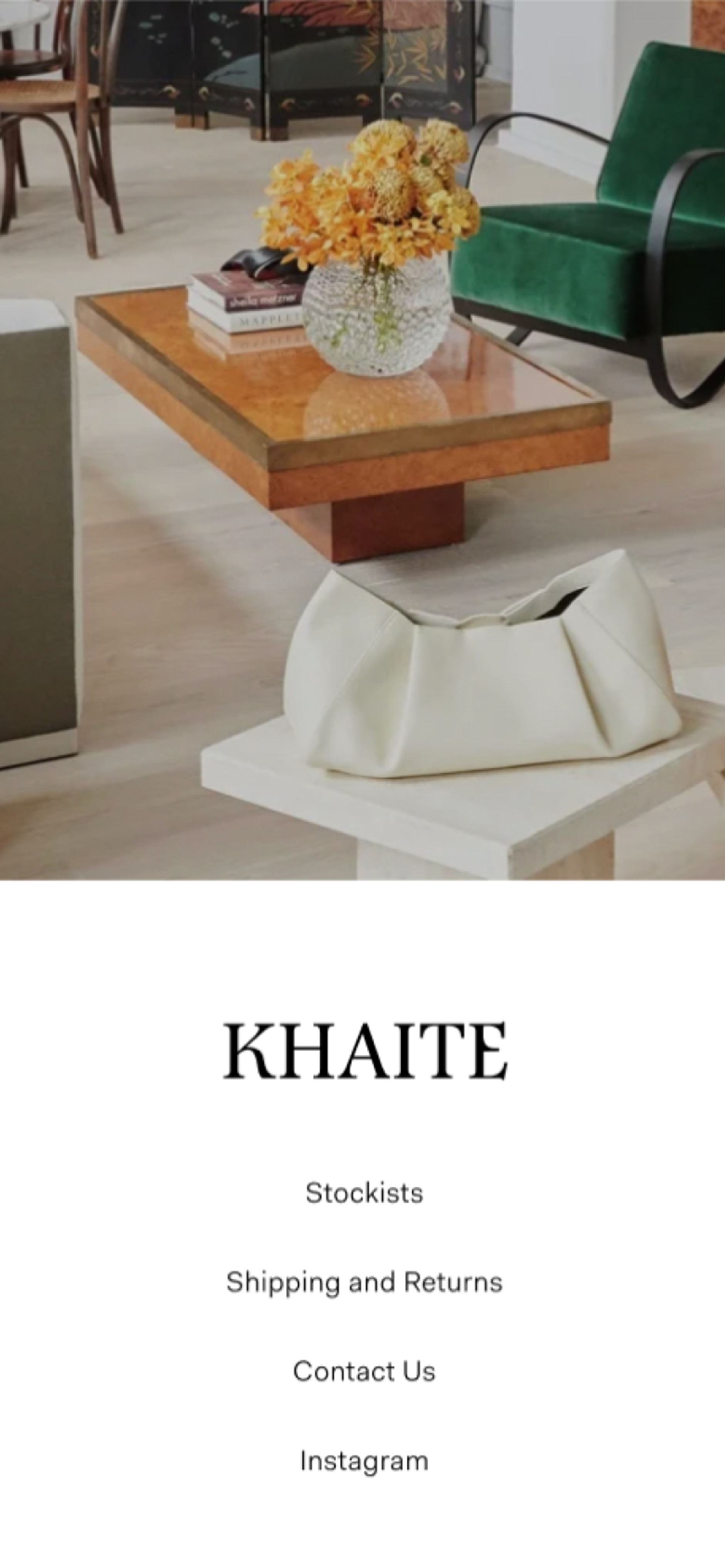 Mobile screenshot showing a Khaite store and links to other pages