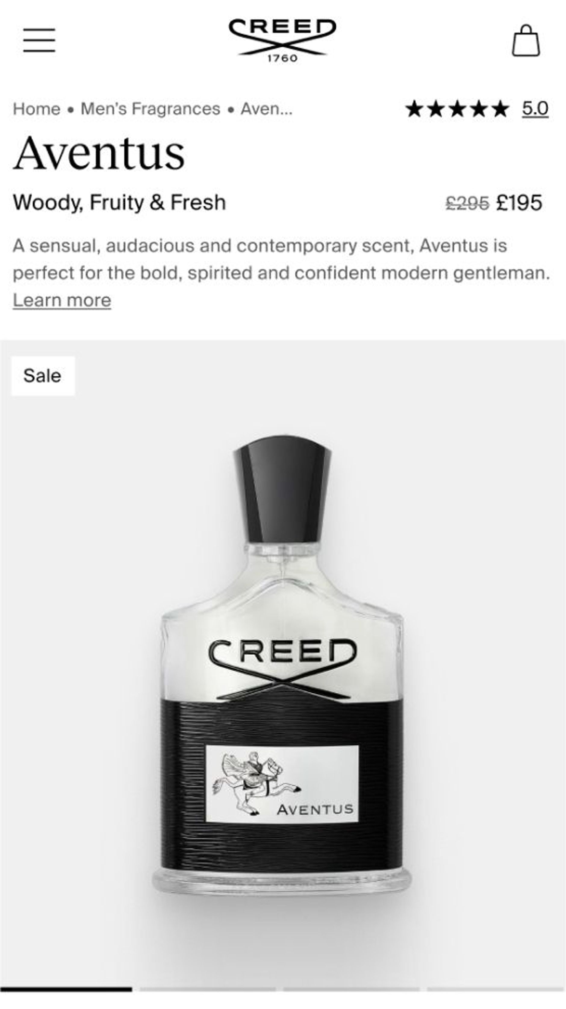 Mobile design of Creed's product page
