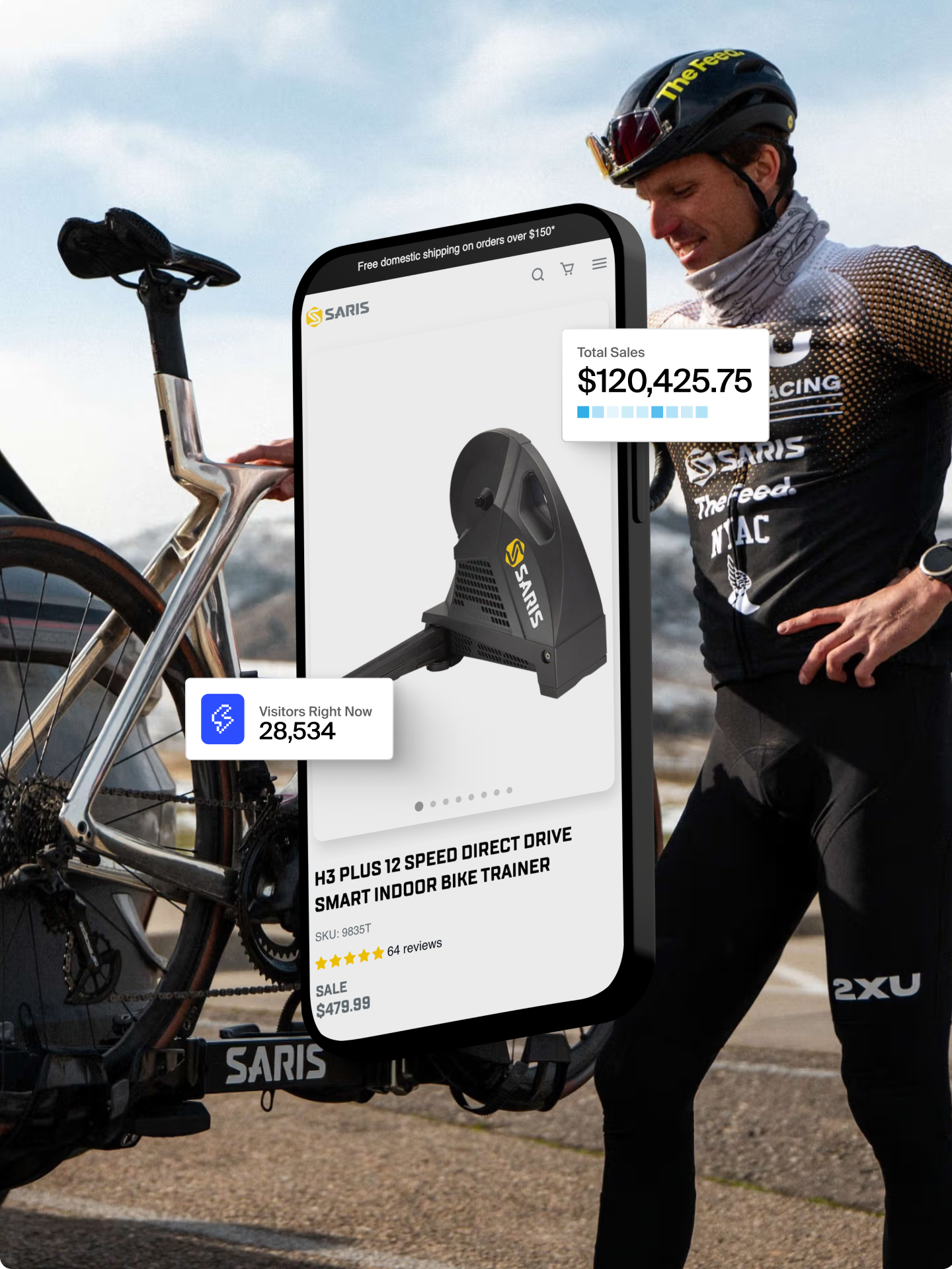 Phone featuring a product page over a background of a man handling a bike