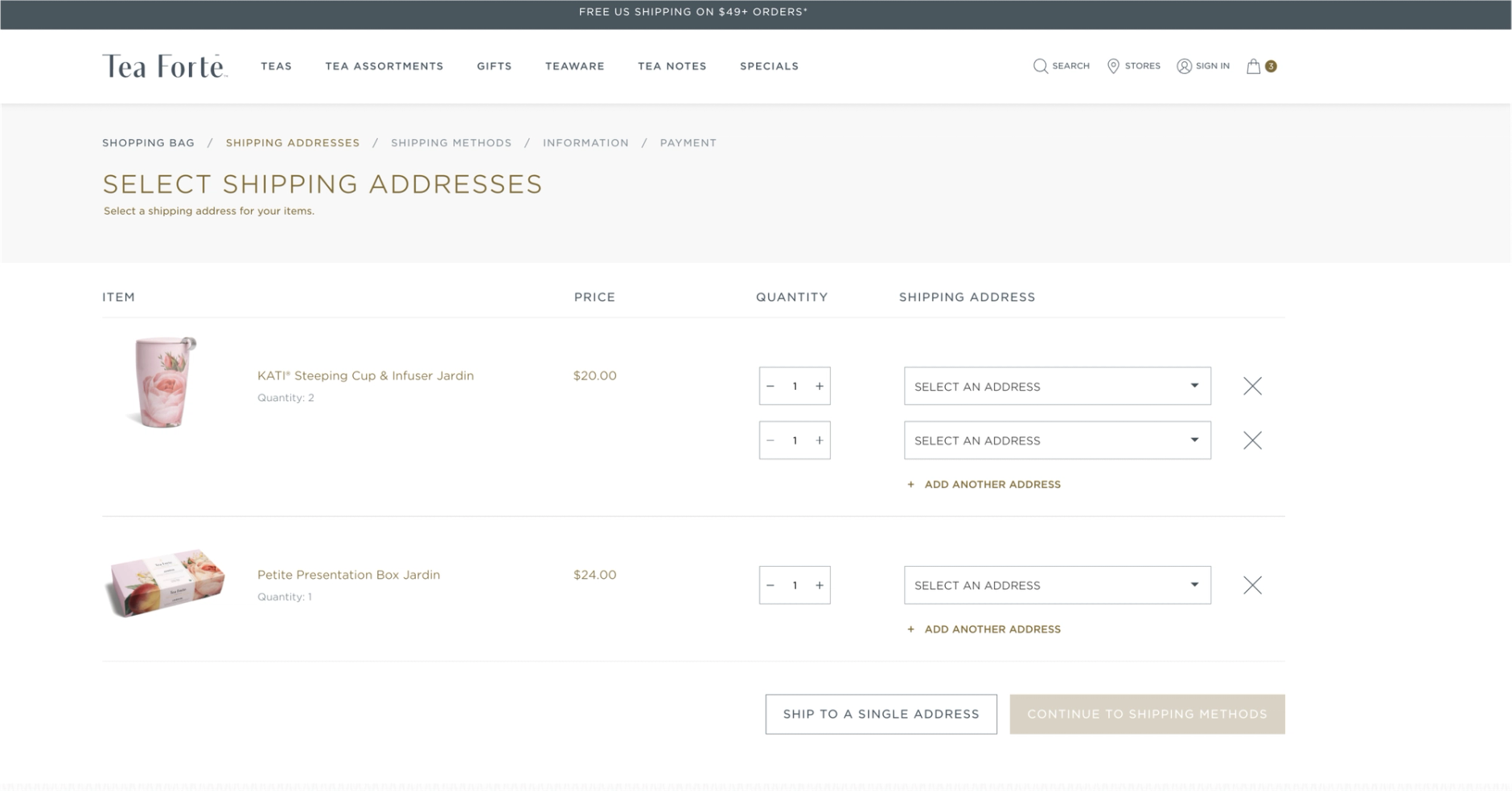 Desktop screenshot of Tea Forté's shopping cart, featuring multi-ship