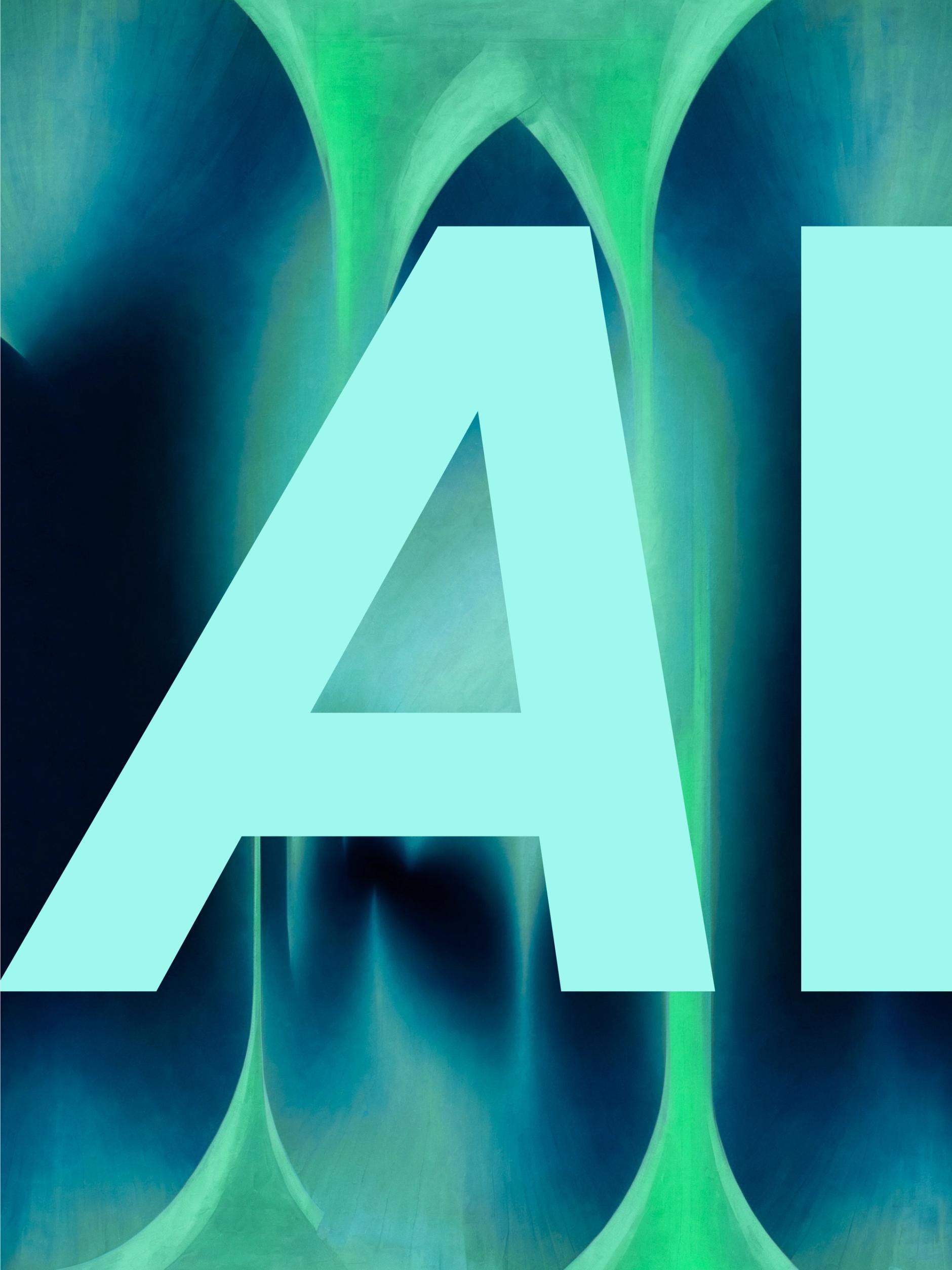 AI text on a blue and green abstract background