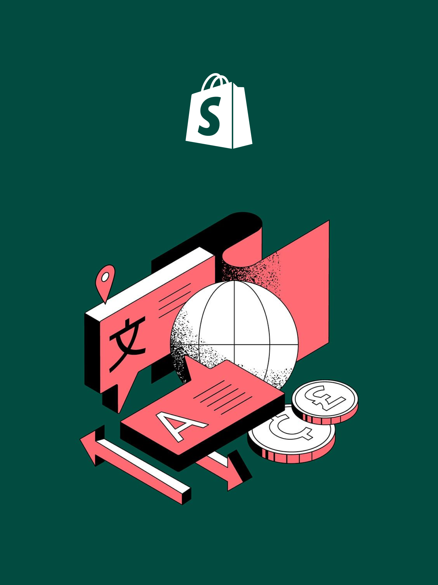 A graphic representing internationalization in ecommerce on a grey background.