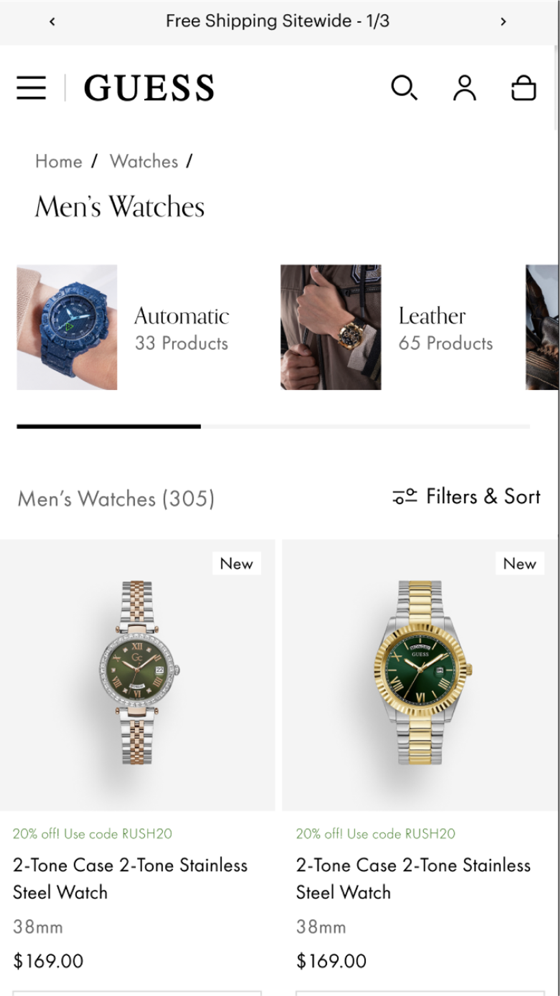 Mobile screenshot of Guess Watches' PLP for Men's watches