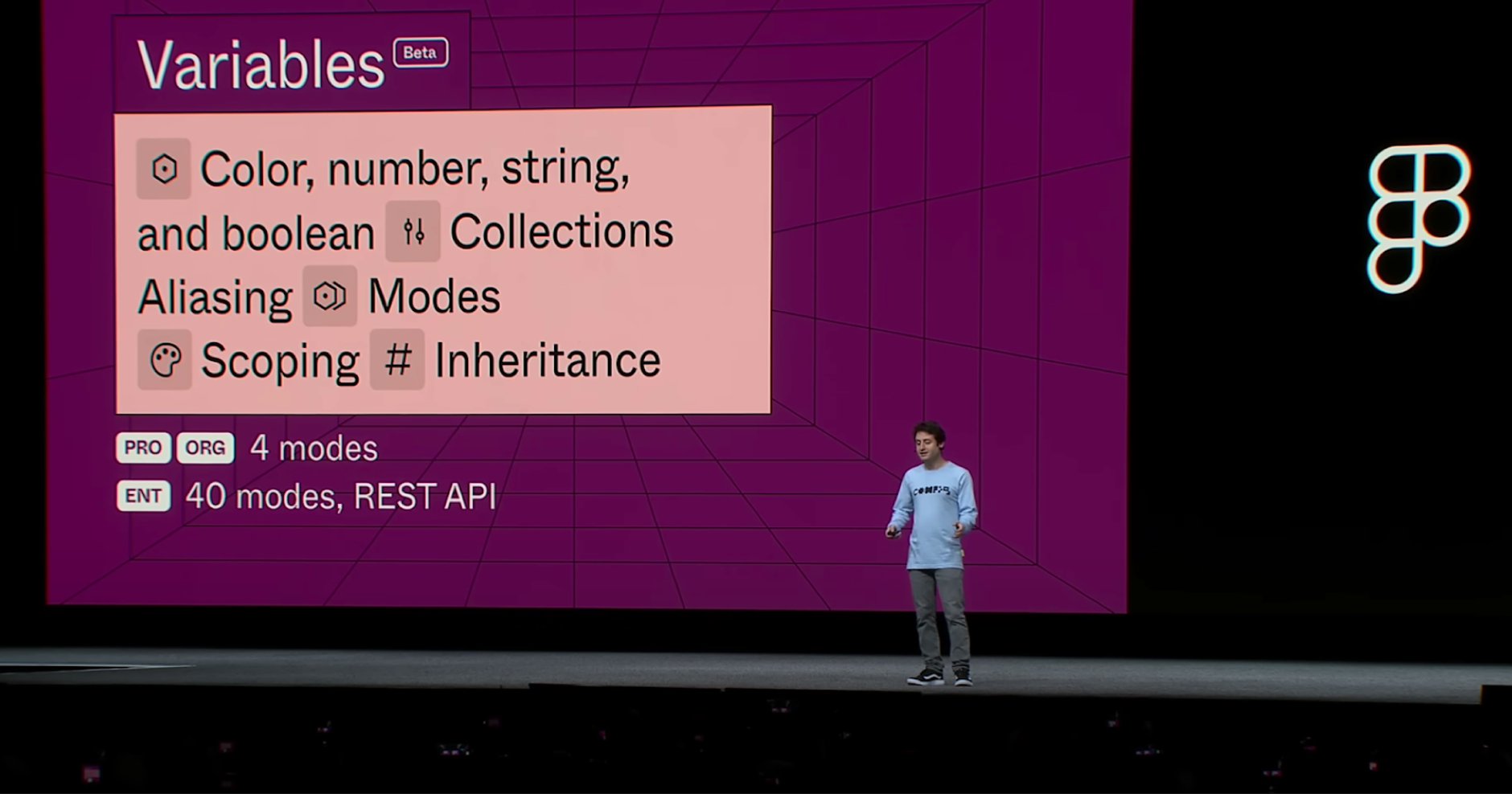 Presenter at Config showing the announcement of Variables