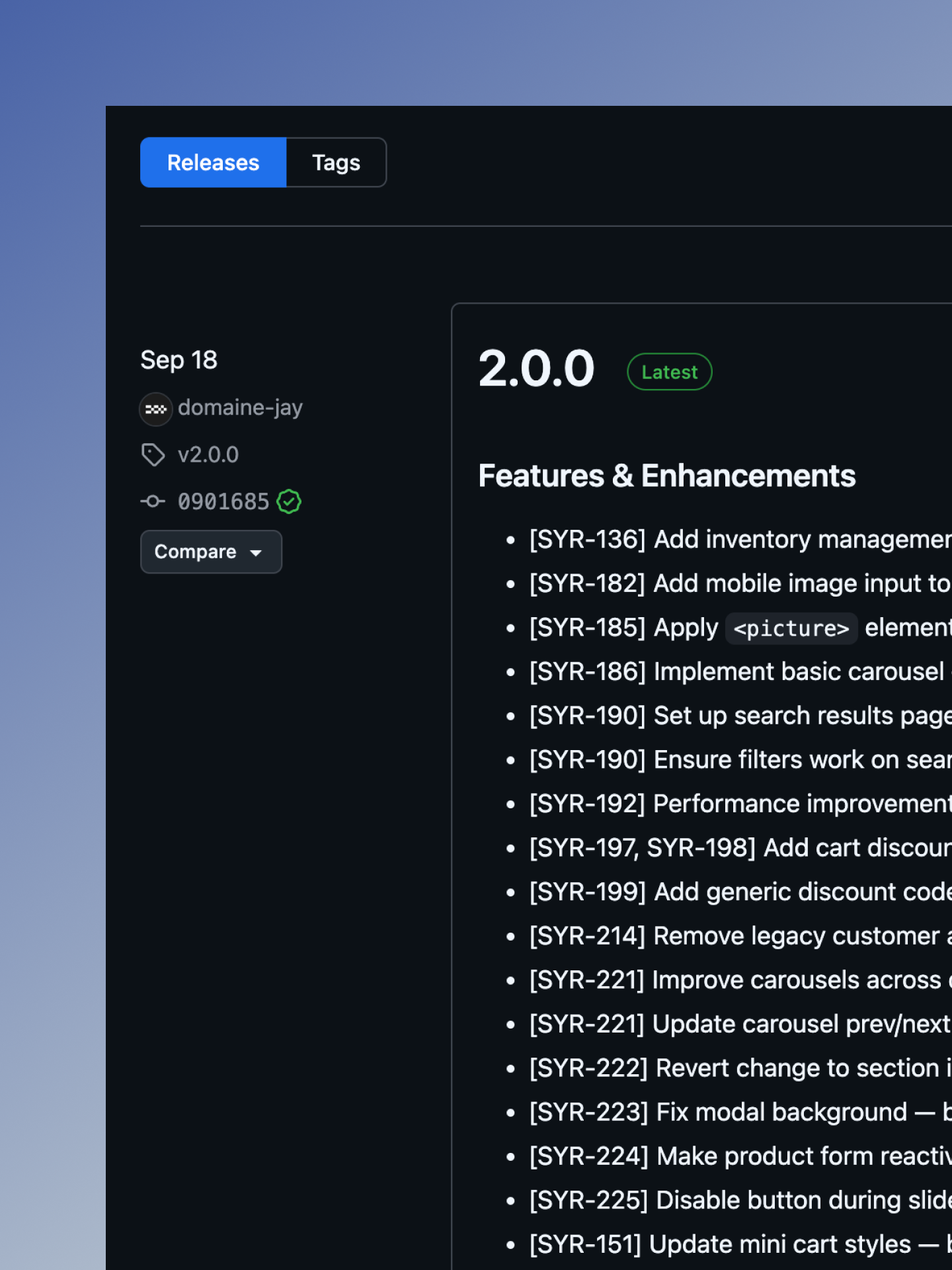 Screenshot of github releases