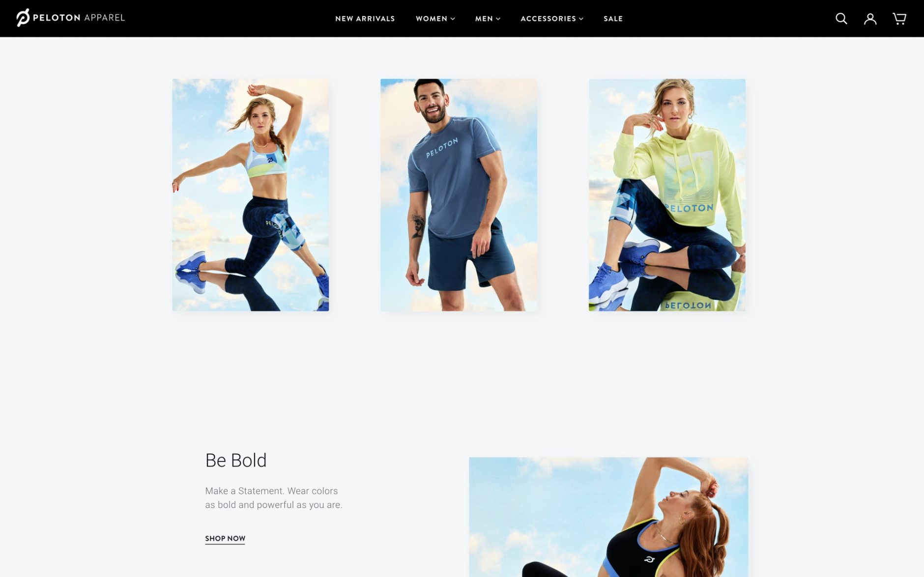 Desktop screenshot of Peloton Apparel's homepage content sections