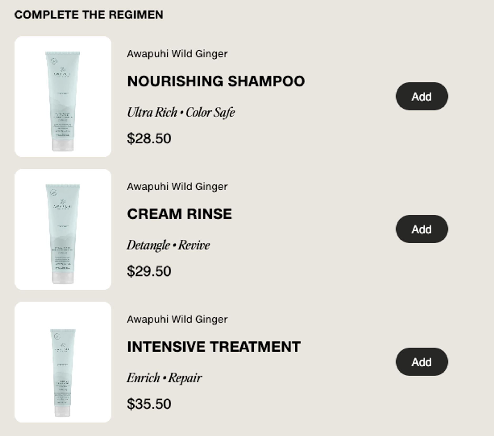 Paul Mitchell Complete The Regimen website module including shampoo, treatment, conditioner quick add-to-cart