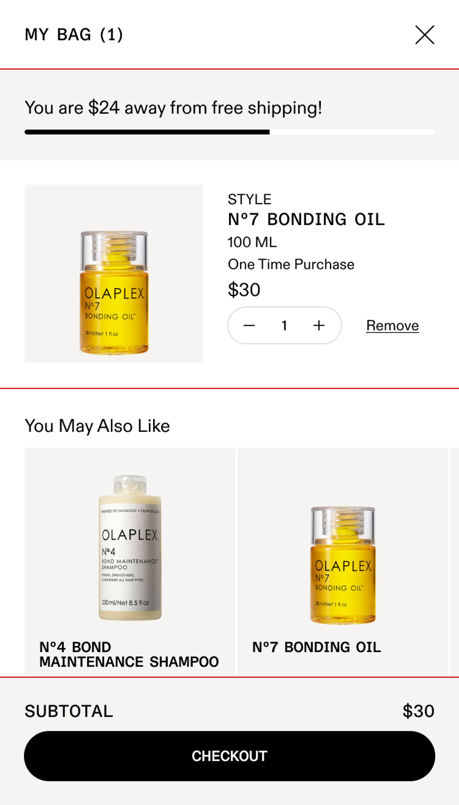 Screenshot of Olaplex Mobile Site Cart Section