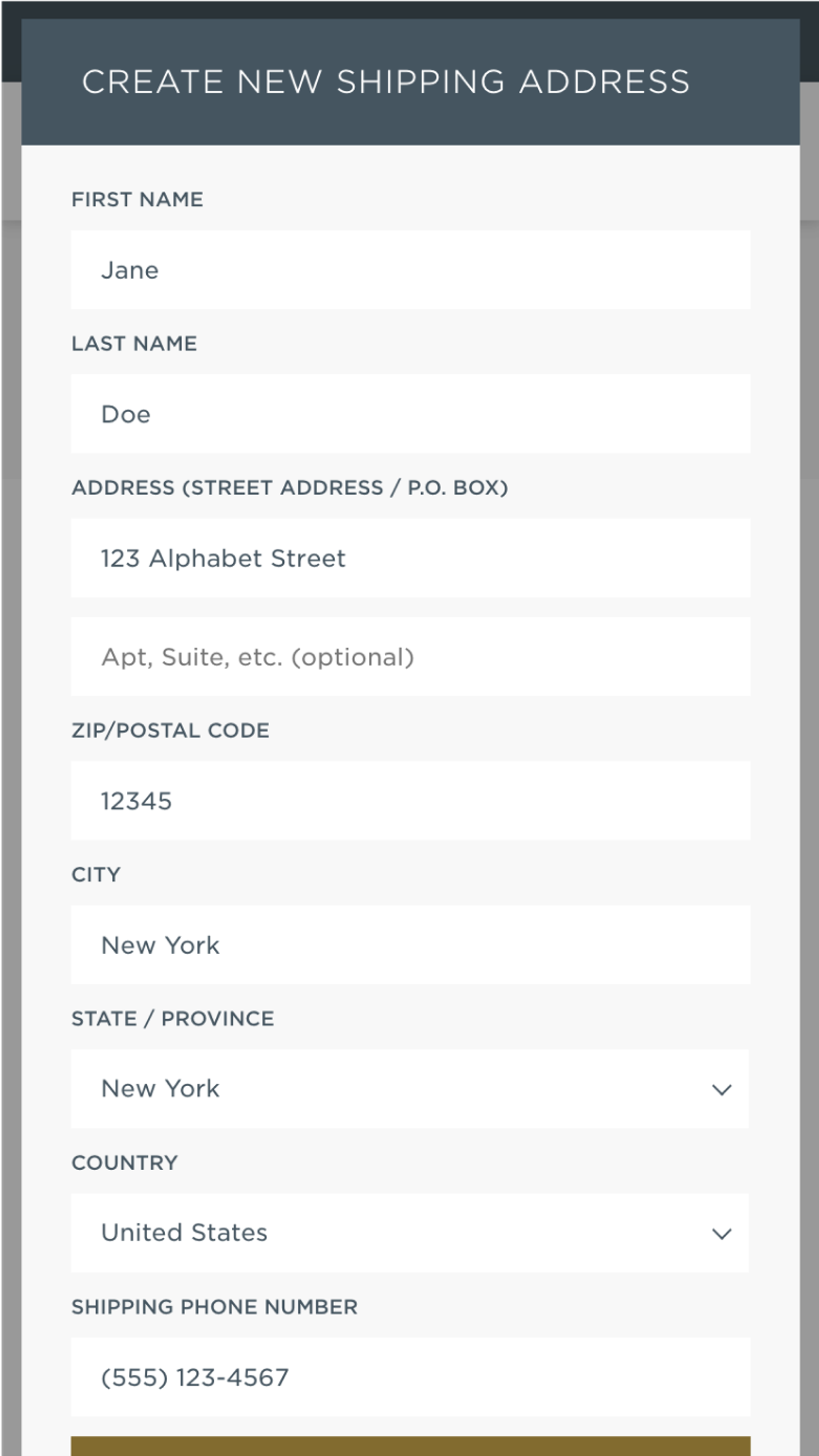 Mobile screenshot of Tea Forté's 'Add Shipping Address' feature