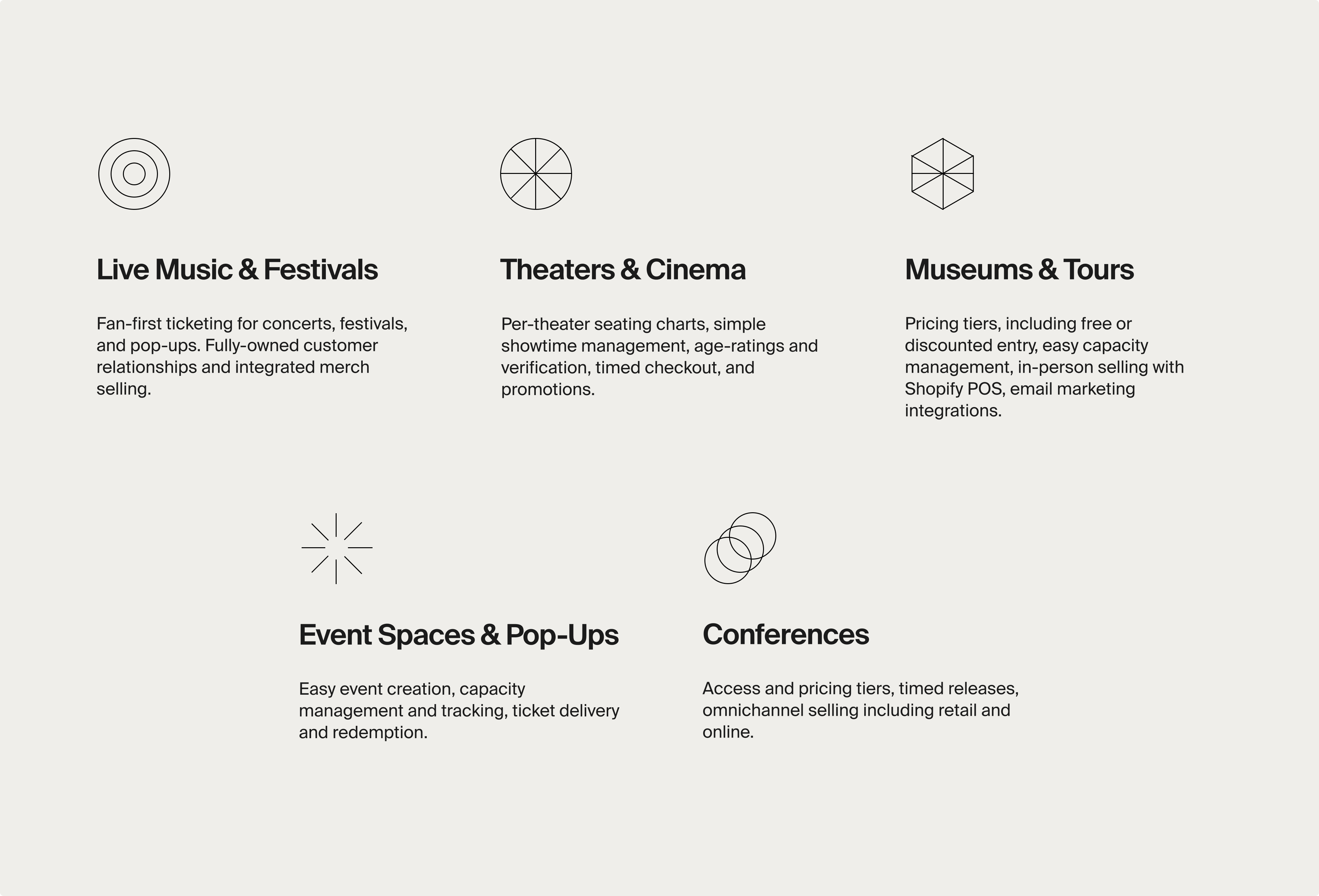 grid showing supported industries: live music, theaters, museums, event spaces, and conferences