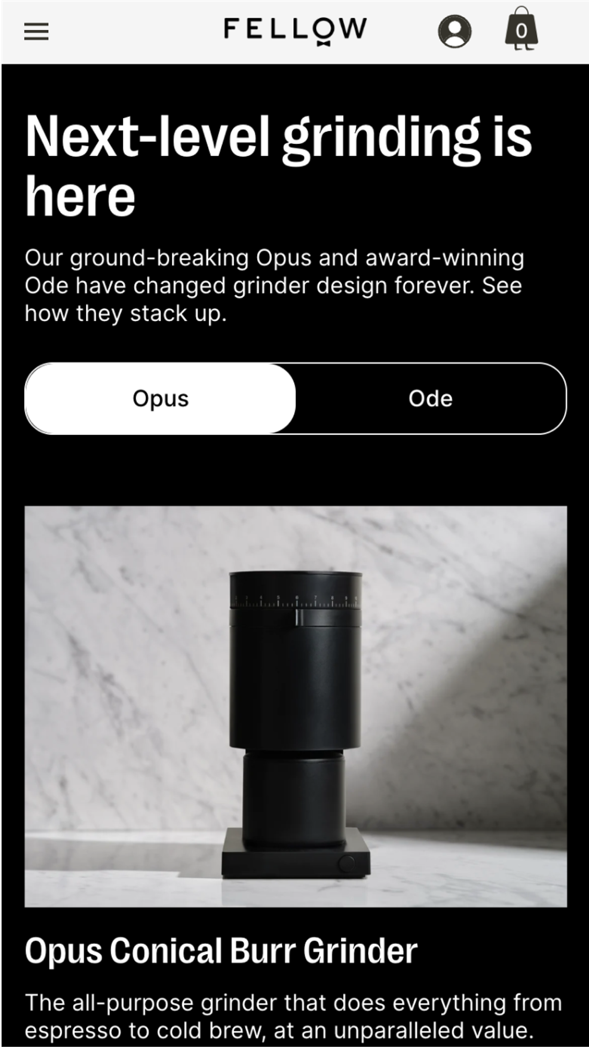 Mobile screenshot of Fellow's grinder feature page