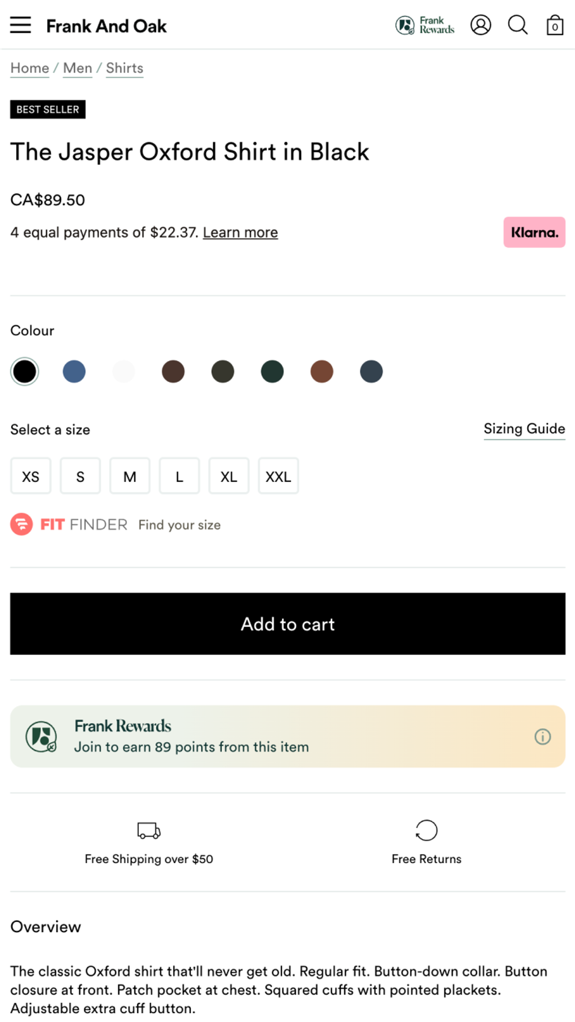 Mobile screenshot of Frank and Oak's product purchase form