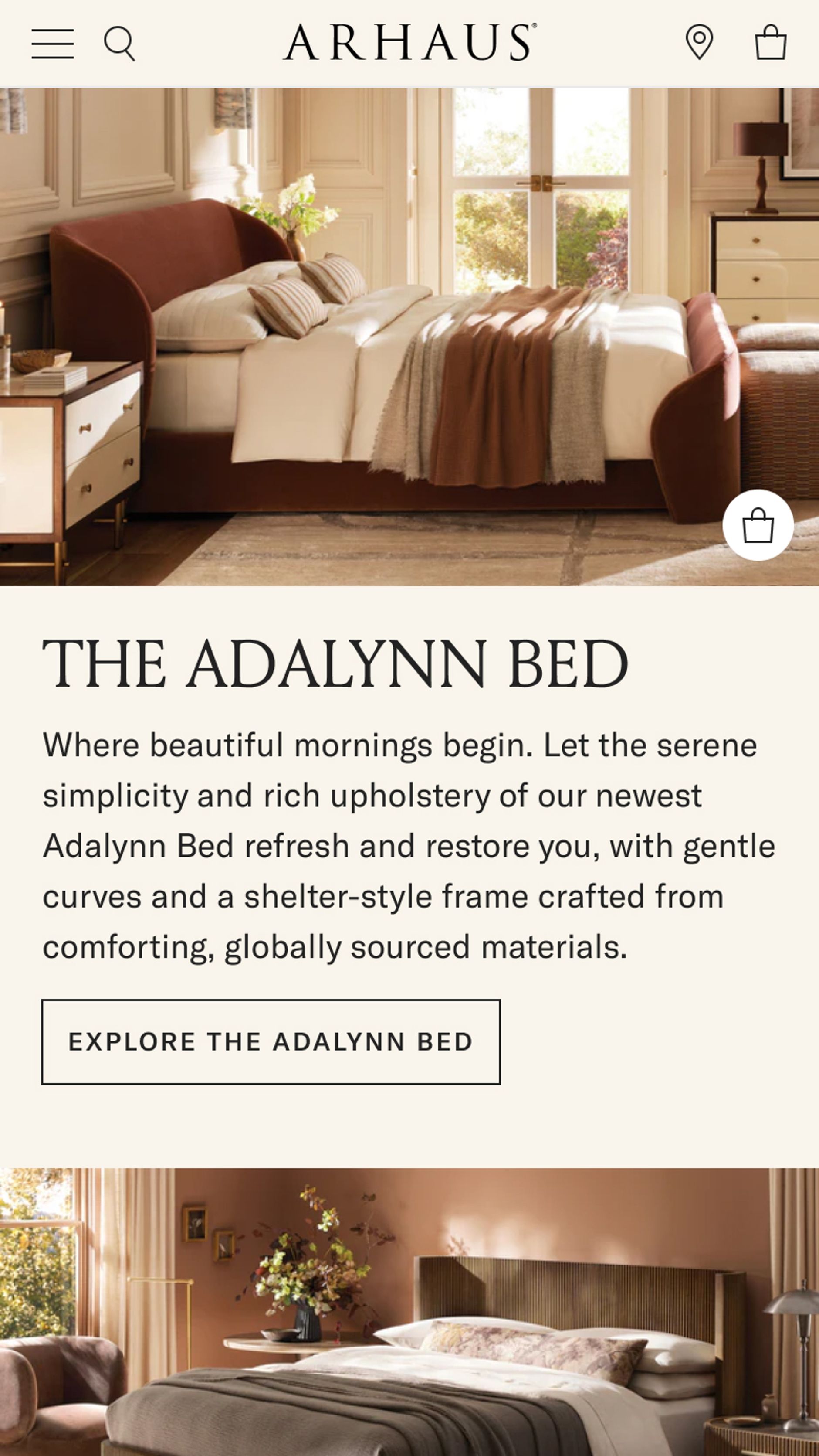 Mobile screenshot of Arhaus' homepage hero