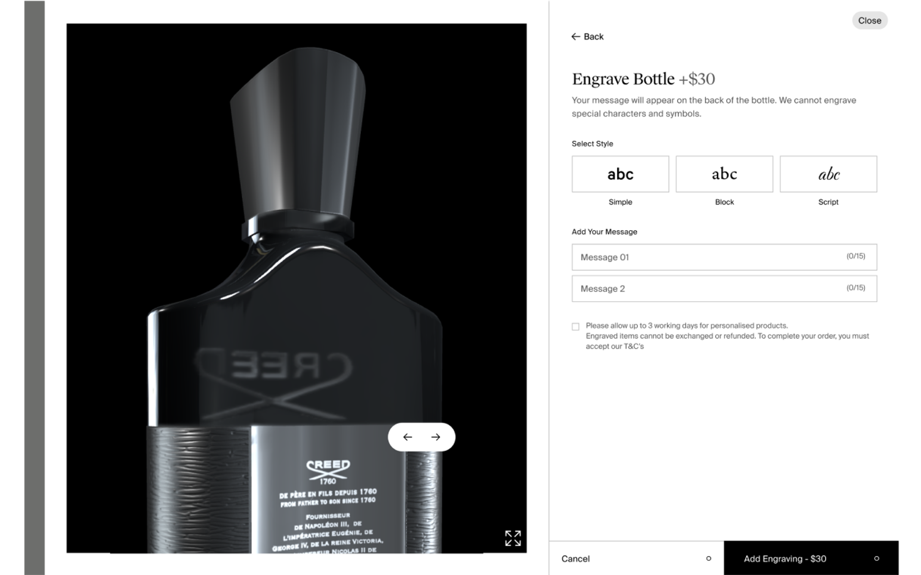 A sophisticated, personalized shopping experience Medallion and bottle engraving with live 3D rendering and custom gifts according to order value make for a high-end experience. Meanwhile, features like a kit builder, sample selection, and custom gifting add-ons add a level of personalization.