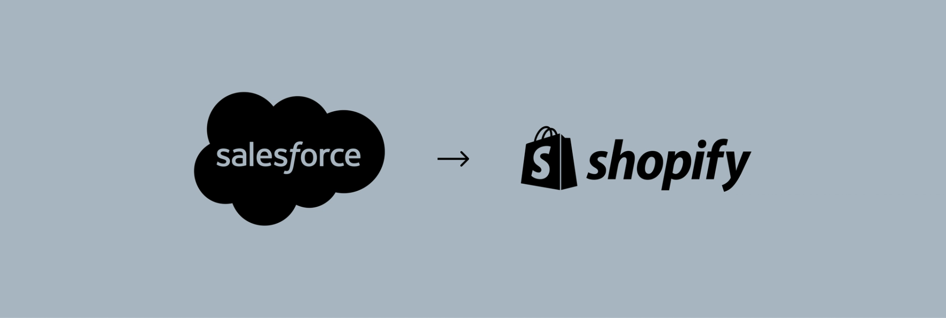 Salesforce logo with arrow pointing to Shopify logo, on a blue background