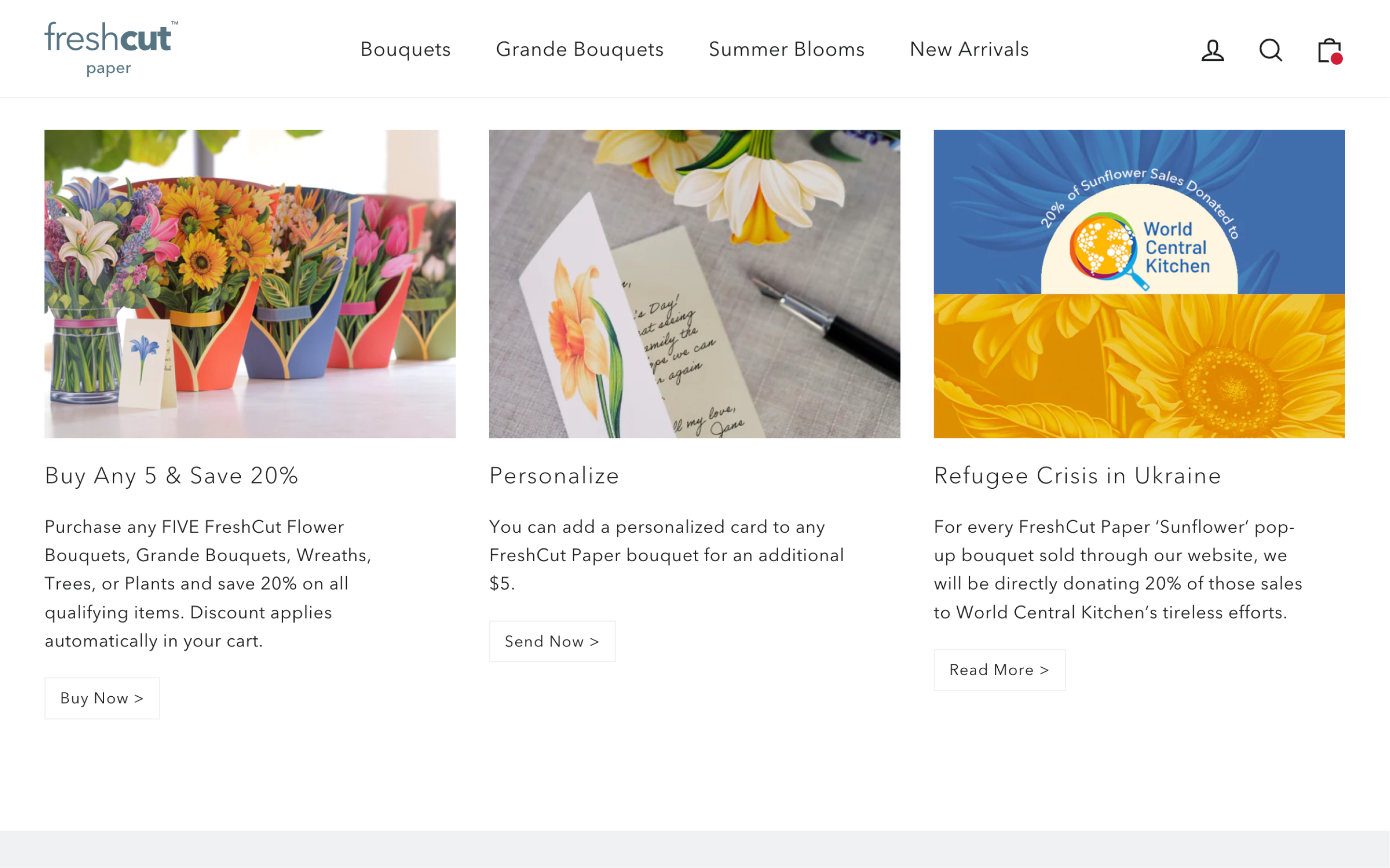 Desktop screenshot of Fresh Cut Paper's 'Buy 5 and Save 20%' section