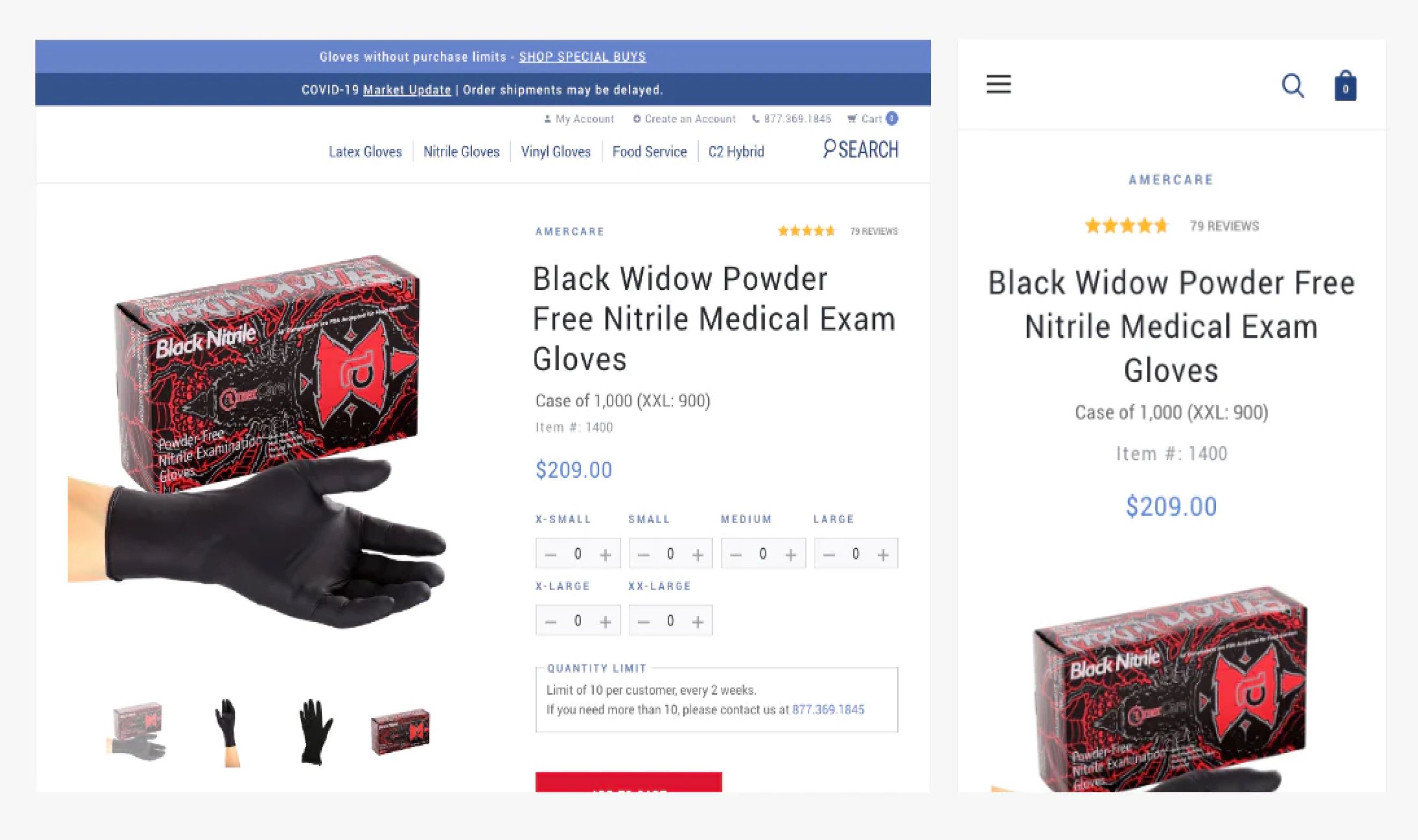 Screenshots of PDP for medical exam gloves