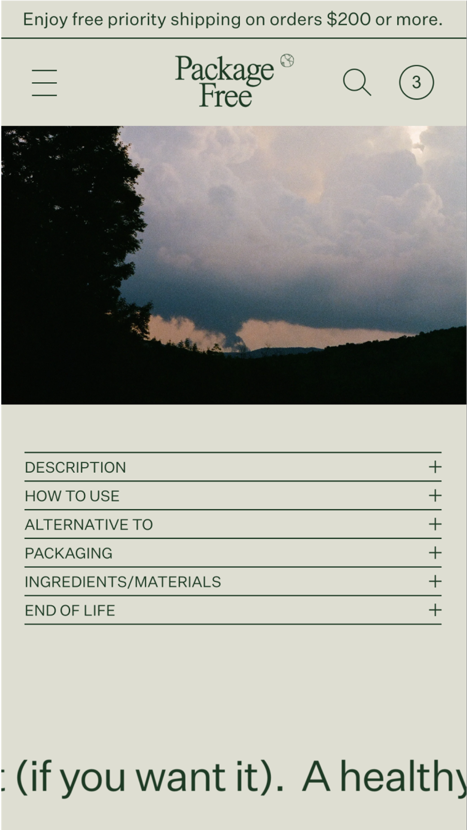 Mobile screenshot of Package Free's product detail accordions