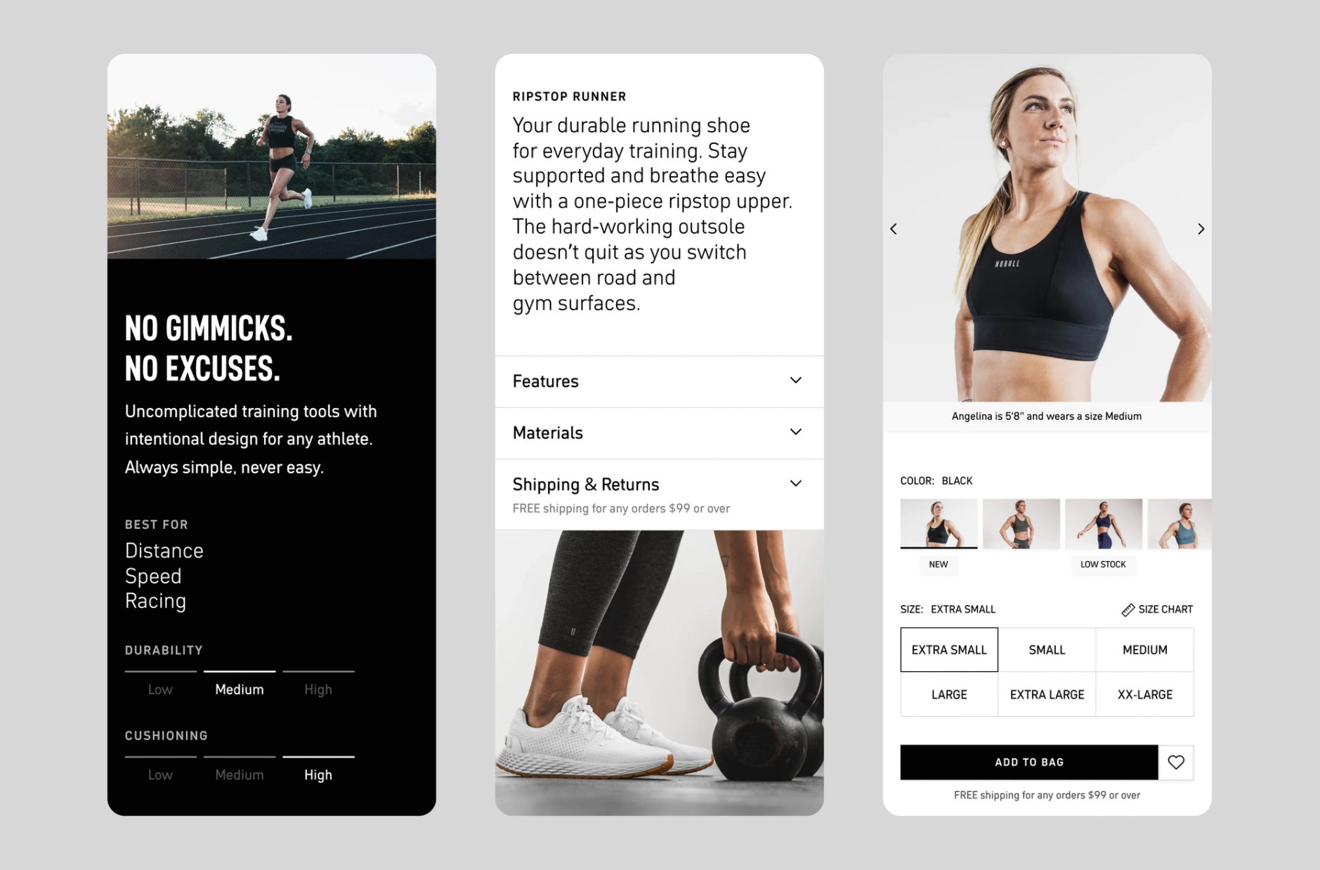 Screens of Nobull mobile product detail page