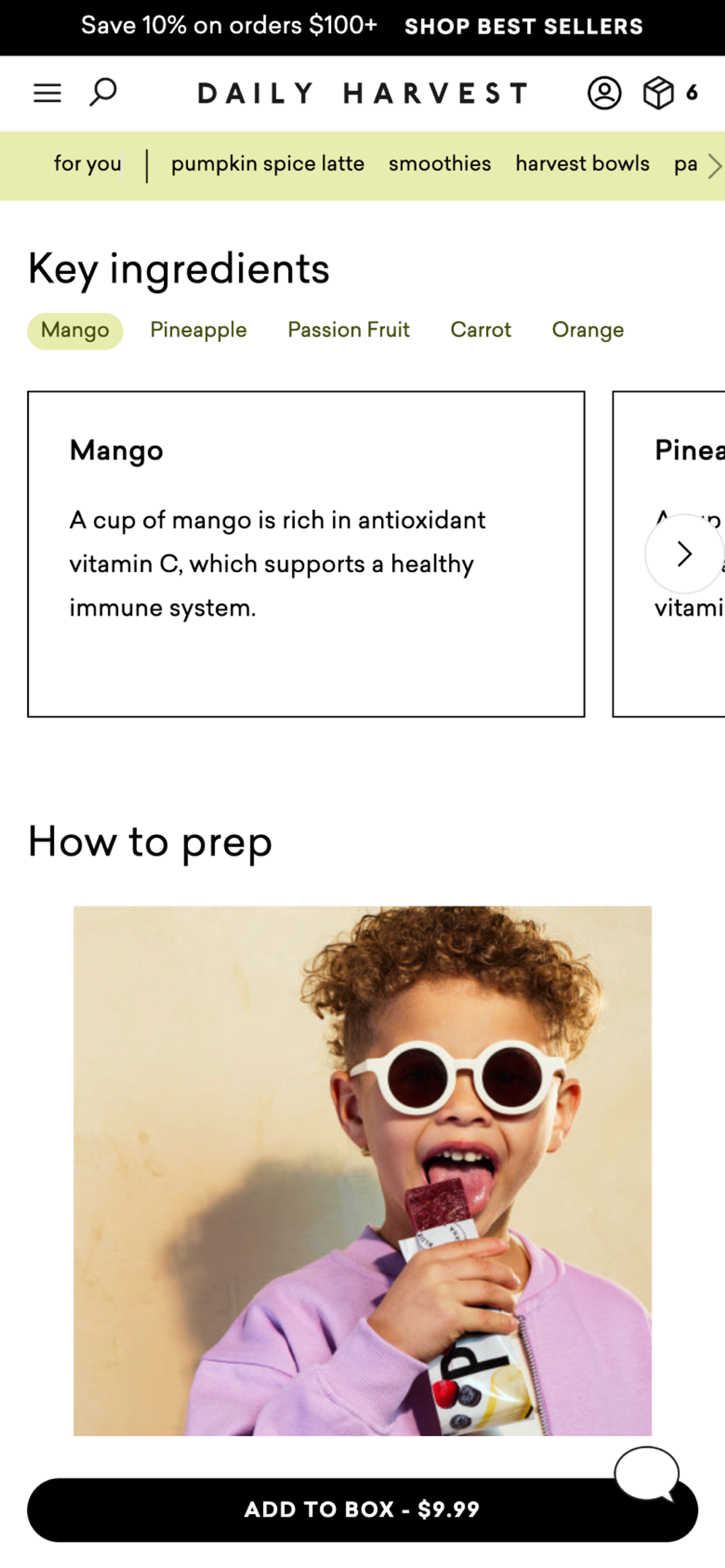 Daily Harvest product detail page, 'Key ingredients' and 'How to prep' modules