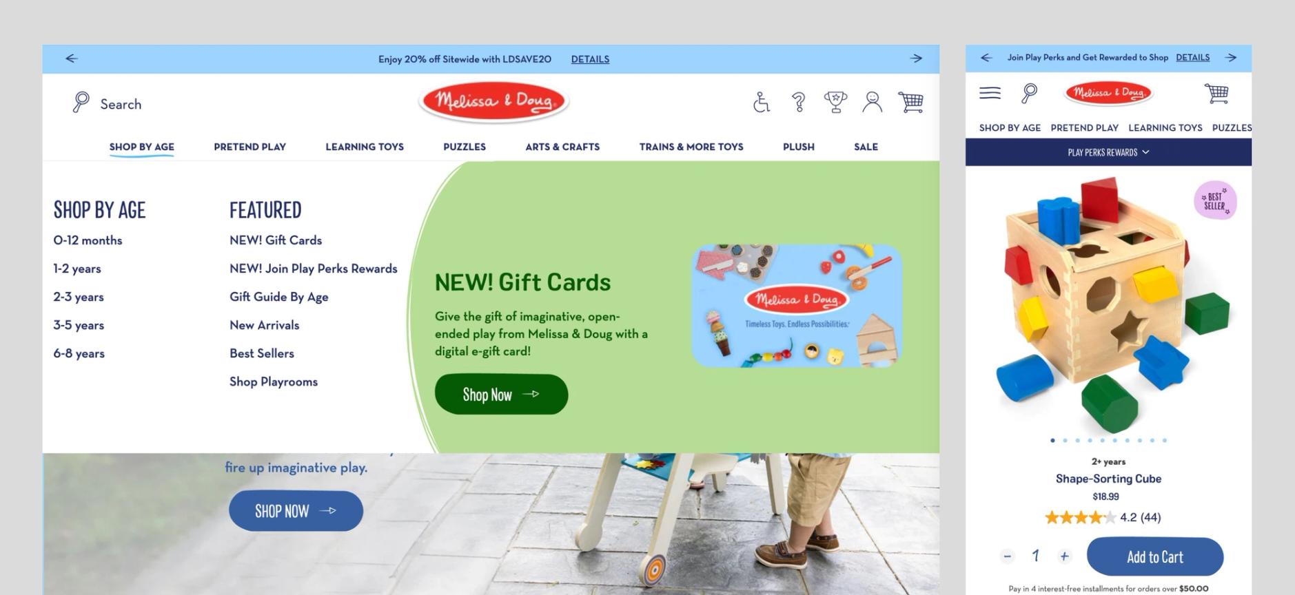 A desktop and mobile screenshot of the Melissa & Doug website.