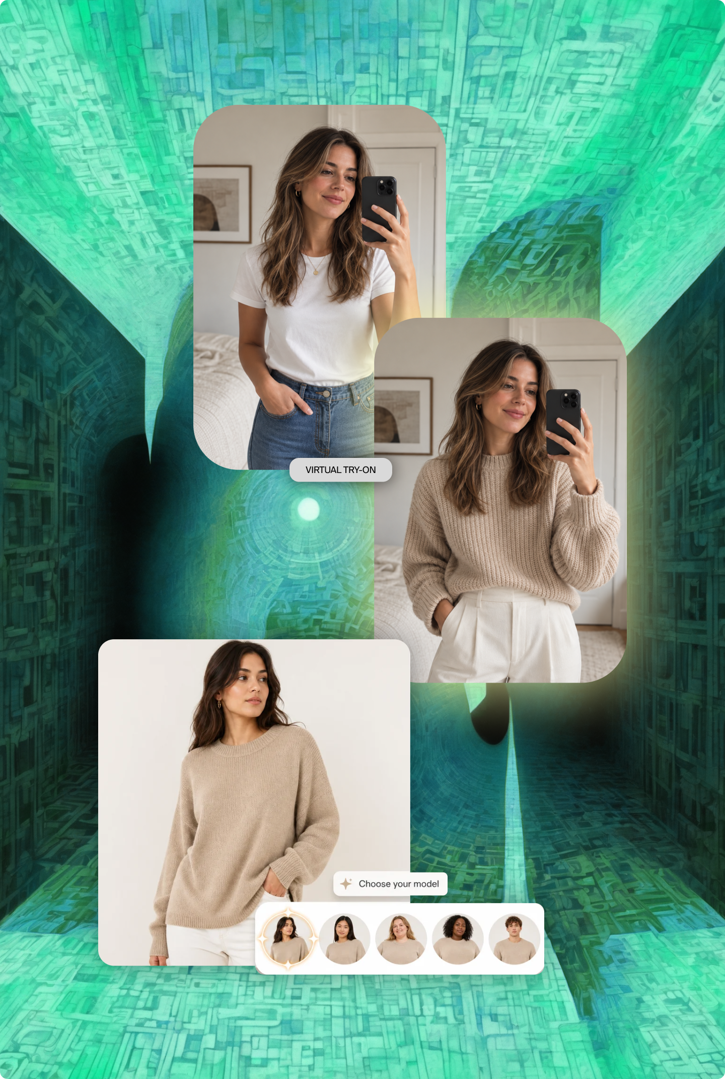 Different AI features for ecommerce screenshots over an abstract background
