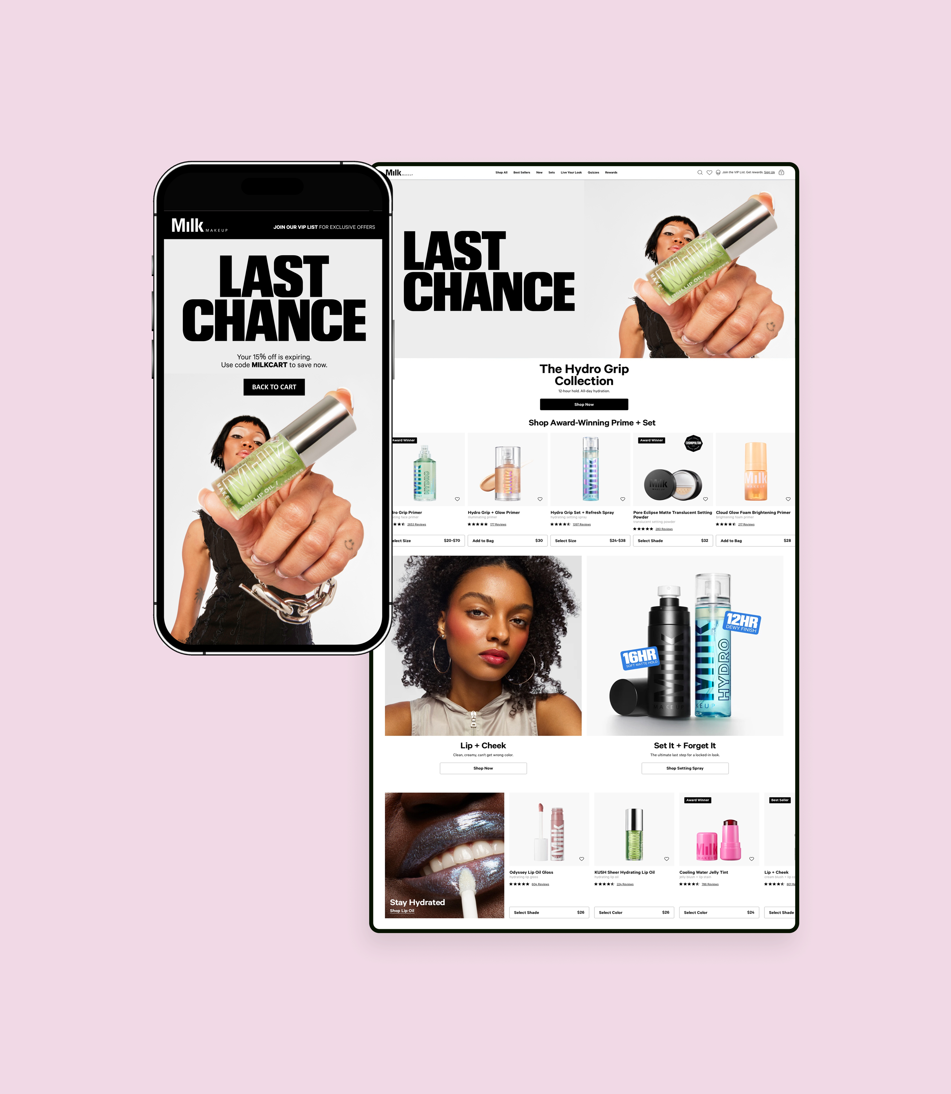Mobile + Desktop Screenshots of Milk Makeup's 'last chance' promo