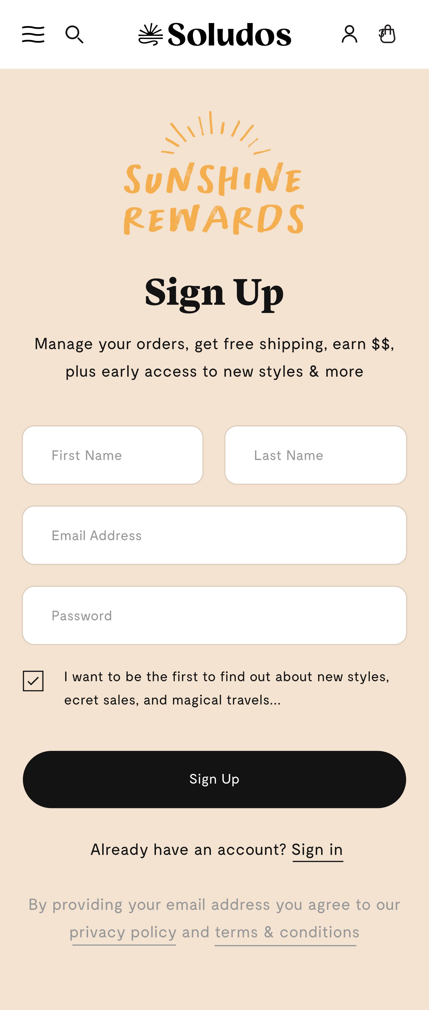 Sign Up Page Mobile