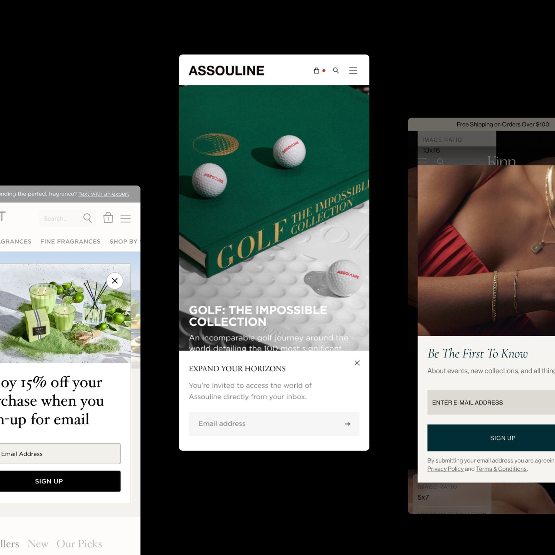 Several screenshot of marketing newsletter popups