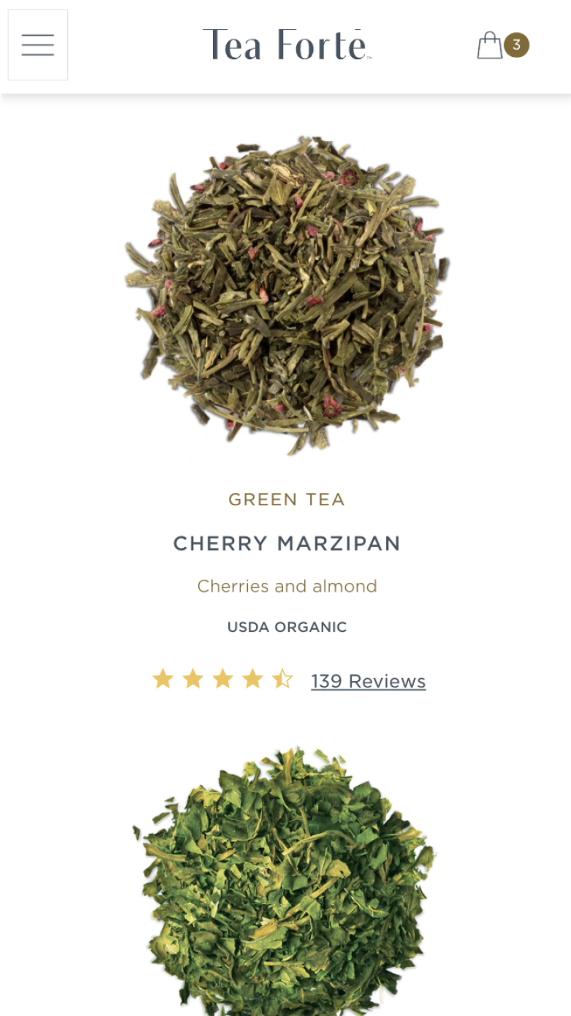 Mobile screenshot of Tea Forté's PLP showing multiple tea varieties