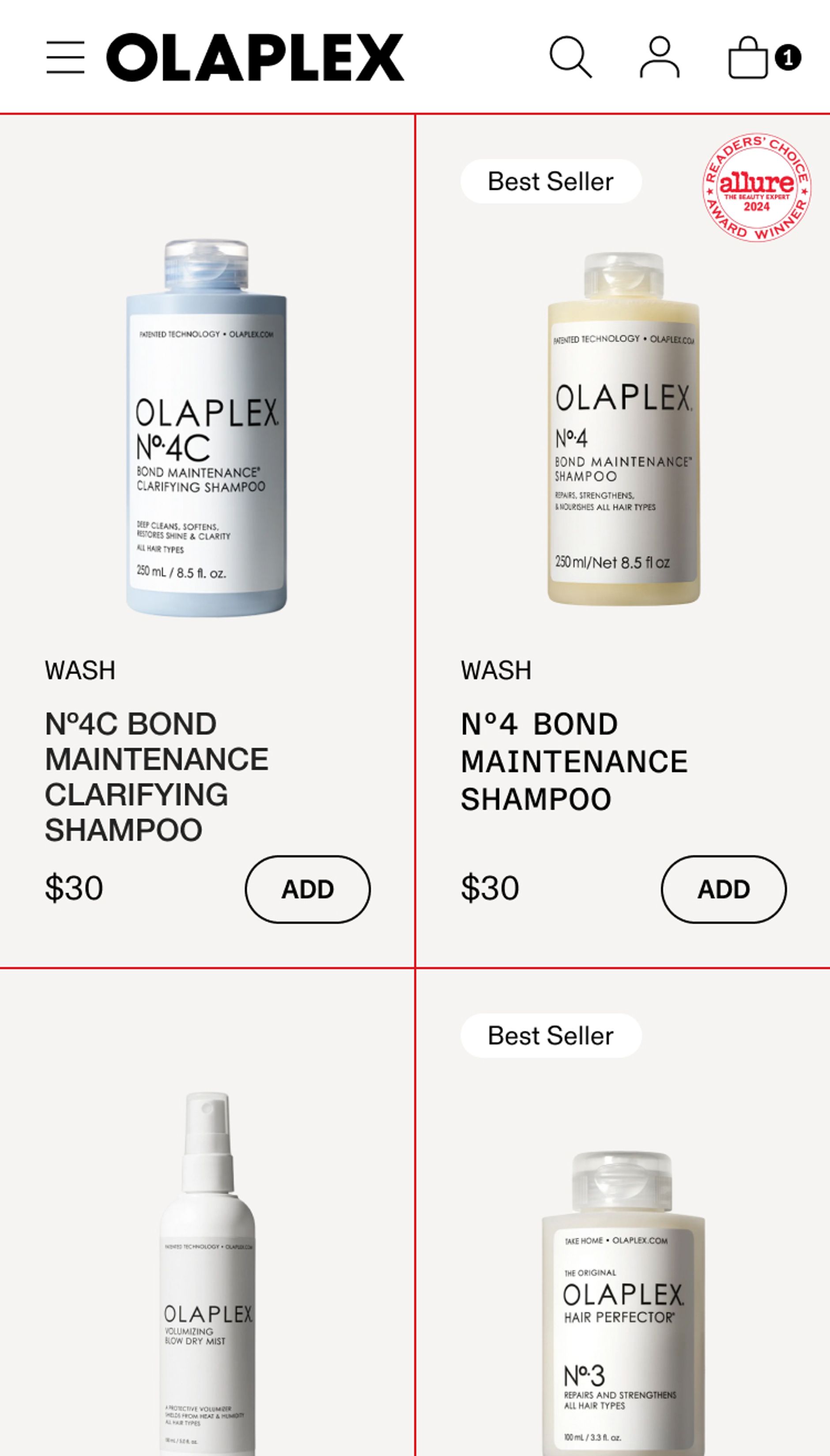 Screenshot of Olaplex Mobile Site Product Listing Page